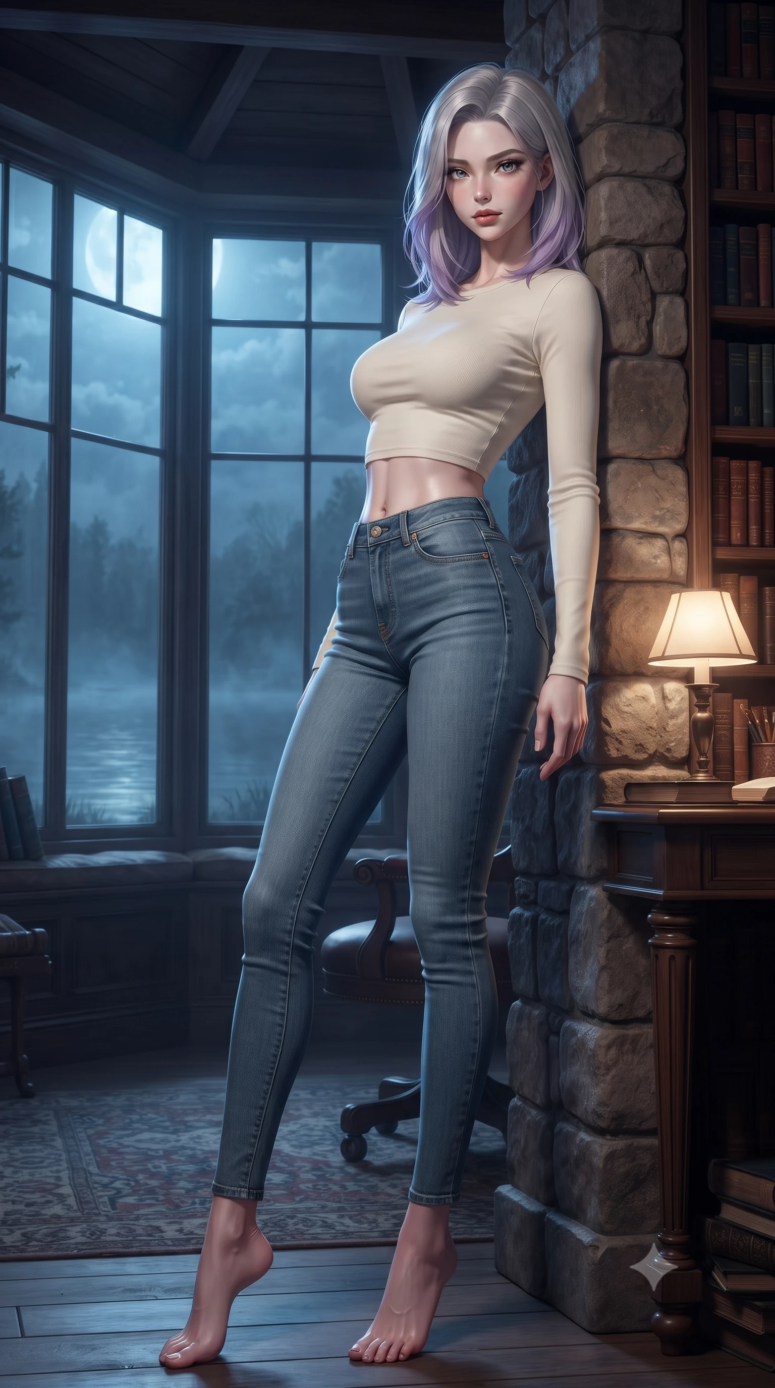 score_9, masterpiece, best quality, ultra-detailed, high-budget anime keyframe, editorial fashion photography, tasteful artistic composition, Caucasian woman. low angle full-body shot from head to toe showing her feet, filling the entire 9:16 vertical frame with her statuesque presence, stretching her vertical silhouette. leaning back against a rustic stone wall, casting a slow, alluring gaze at the camera the background shows a soft-focus a secluded castle library bay window overlooking a misty lake under moonlight. She has an absolutely perfect, statuesque 8.5-heads proportion, an exceptionally tall and slender model-like female figure with impossibly long slender legs and an ultra-slim waist. sharp v-shaped jawline, high-bridge nose, intricate jewel-like eyes with depth, thick eyelashes, glossy lips with a natural sheen. wearing a tailored body-hugging long-sleeve crop top in cream cotton paired with high-waisted skinny jeans. cool blue moonlight contrasting with a warm desk lamp inside. ultra-reflective glossy finish, specular highlights, metallic sheen, high-contrast stereoscopic depth, volumetric dynamic lighting, 2k, ultra detail, master piece, 9:16 ratio