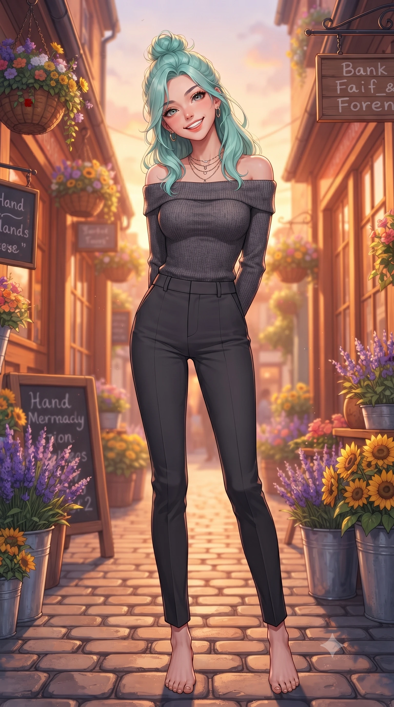 score_9, masterpiece, best quality, ultra-detailed, high-budget anime keyframe, editorial fashion photography, tasteful artistic composition, Japanese woman. low angle full-body shot from head to toe showing her feet, filling the entire 9:16 vertical frame with her statuesque presence, stretching her vertical silhouette. standing with a cute, bright pose, tilting her head with a beaming smile set against a soft-focus background of in a colorful alley decorated with hanging flower baskets and wooden signs with buckets of fresh lavender and yellow sunflowers lining the alley. She has an absolutely perfect, statuesque 8.5-heads proportion, an exceptionally tall and slender model-like female figure with impossibly long slender legs and an ultra-slim waist. sharp v-shaped jawline, high-bridge nose, intricate jewel-like eyes with depth, thick eyelashes, glossy lips with a natural sheen. wearing slim-fit body-hugging off-shoulder knit top in charcoal, paired with tailored slim pants. cozy golden hour sunset light painting the wooden shopfronts in orange. highly saturated vibrant anime colors, detailed shading with soft gradients, rich glossy textures, high-contrast stereoscopic depth, volumetric dynamic lighting, master piece, 9:16 ratio