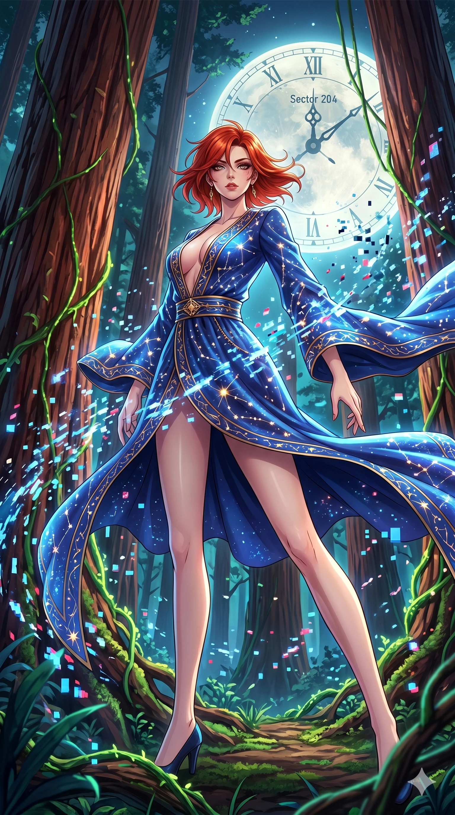 score_9, masterpiece, best quality, ultra-detailed, Set A: High-budget Anime Keyframe, Japanese woman. Low angle cowboy shot filling the entire 9:16 frame with her statuesque presence. Theme: Primal Nature. shattering the fabric of reality in a giant redwood forest with glowing vines, with a massive clockwork moon ticking behind her as sector 204. The atmosphere is filled with a blizzard of digital pixels. She has an absolutely perfect 8-heads proportion, an exceptionally tall and slender female figure with impossibly long slender legs and an ultra-slim waist. Sharp v-shaped jawline, high-bridge nose, intricate jewel-like eyes with depth, glossy lips. Wearing Celestial silk robe with glowing star-map embroidery and a deep-plunging neckline. Cinematic lighting, vivid colors, dramatic shadows, 2k, ultra detail, master piece, 9:16 ratio