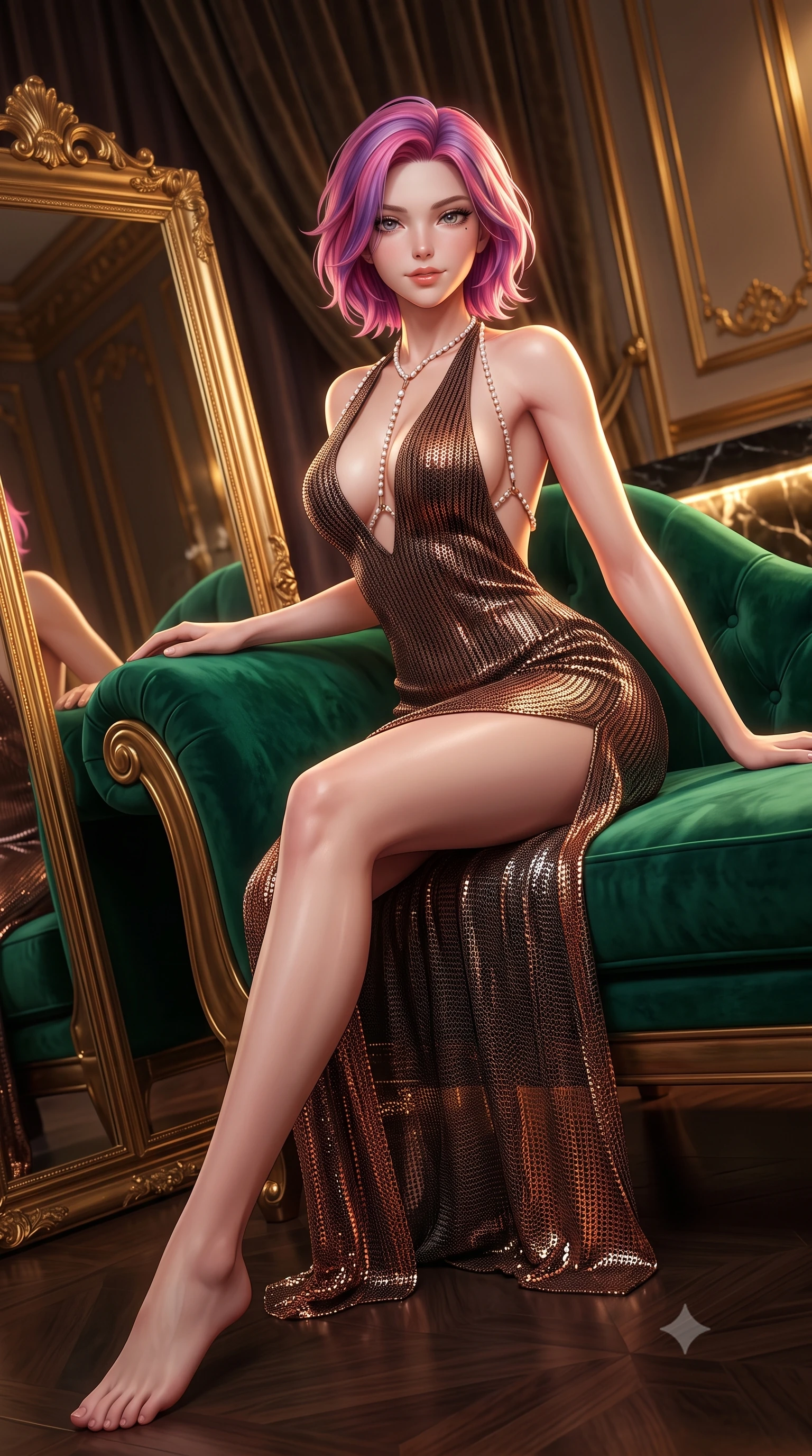score_9, masterpiece, best quality, ultra-detailed, high-budget anime keyframe, semi-realistic 3D game render, editorial fashion photography, tasteful artistic composition, Caucasian woman. low angle full-body shot from head to toe showing her feet, filling the entire 9:16 vertical frame with her statuesque presence, stretching her vertical silhouette. reclining gracefully across the plush velvet chaise lounge with one leg extended, her sculpted silhouette and flat midriff radiating magnetic nocturnal glamour while twisting her slender torso in an alluring contrapposto stance beside the vintage gilded mirror, her silhouette radiating dangerous high-society charm. The background shows a soft-focus heavy velvet drapery and art deco gilded moldings softened in exclusive private club shallow focus. She has an absolutely perfect, statuesque 8.5-heads proportion, an exceptionally tall and slender model-like female figure with impossibly long slender legs, an ultra-slim waist, a flat toned midriff, narrow delicate ribcage, and beautifully sculpted feminine hips creating a graceful, slim hourglass silhouette without any bulky heaviness. sharp v-shaped jawline, high-bridge nose, sparkling eyes with hypnotic seductive depth, thick curled eyelashes, glossy parted lips with a natural dewy peach sheen, alluring bedroom-eyes with an enchanting coquettish smile, exuding magnetic siren charisma and sophisticated high-fashion glamour, flawlessly proportioned anatomical accuracy, strict slender model proportions, natural body alignment, perfectly sculpted long slender limbs, ultra-slim waistline, clean dynamic posture without body distortion. wearing a plunging V-neck rib-knit sweater dress with an open back and daring side leg slit in sultry espresso bronze and metallic copper, crafted from shimmering fluid chainmail mesh reflecting ambient candlelight, accented with a pearl-drop body harness subtly framing her dewy collarbones and spine, the liquid-tight tailored fabric clinging flawlessly to her narrow waist and rounded feminine hips, emphasizing every millimeter of her sculpted slim hourglass curves without any bulky heaviness. illuminated by backlit onyx bar glow and sharp warm-gold rim lights defining her razor-sharp jawline, ultra-slim waist, and curvy hips. highly saturated vibrant anime colors, detailed shading with soft gradients, rich glossy textures, high-contrast stereoscopic depth, volumetric dynamic lighting, master piece, 9:16 ratio