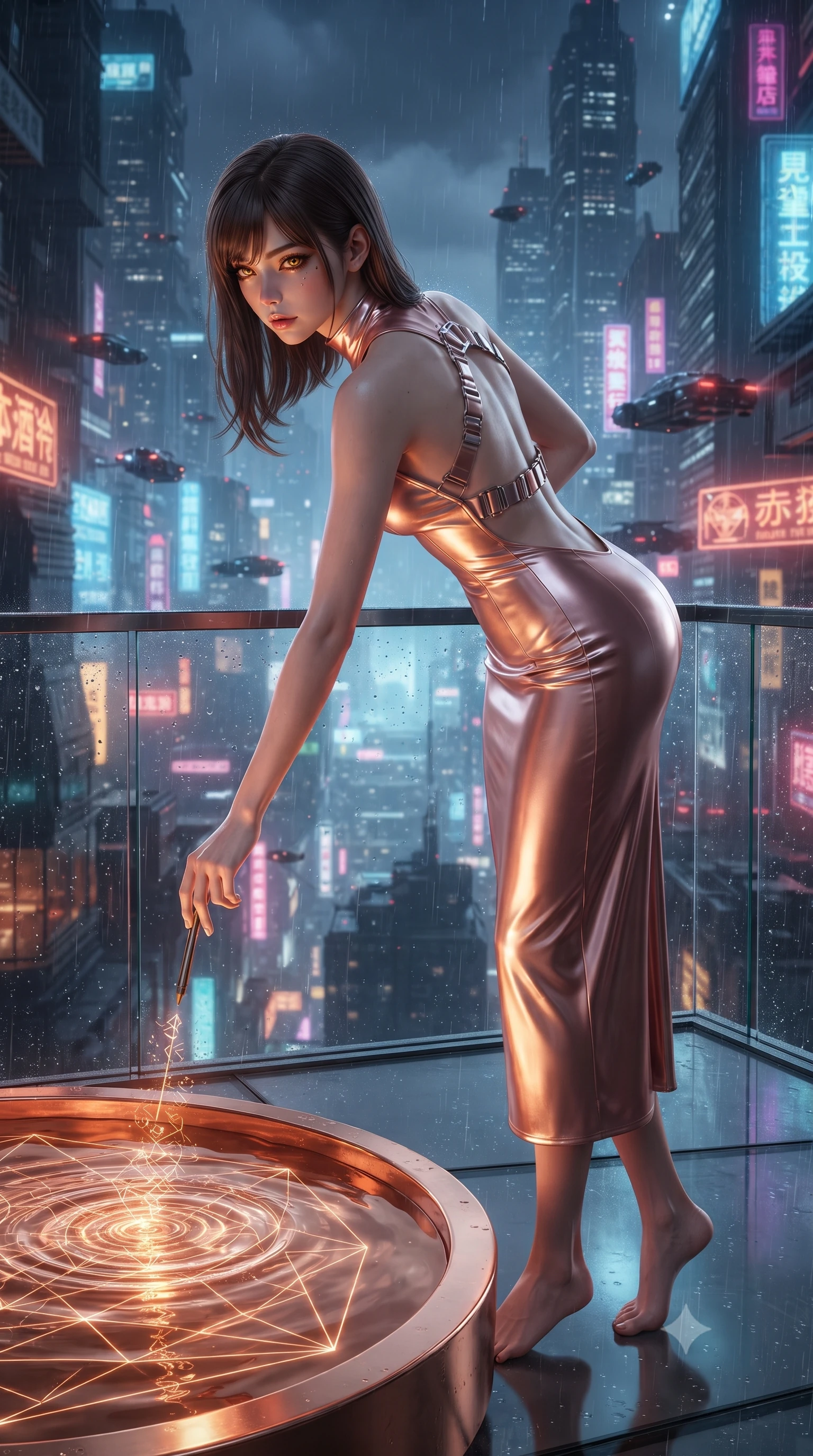 score_9, masterpiece, best quality, ultra-detailed, High-budget Anime Keyframe, editorial fashion photography, tasteful artistic composition, realistic cosplay photography, East Asian woman. Dynamic full-body shot stretching the vertical silhouette to the limit. Scenario 532: tracing geometric patterns in a pool of warm liquid copper inside a minimalist glass balcony overlooking a rainy cyberpunk megacity. Her presence is magnetic and overpowering in this high-budget cinematic scene. Outfit 532: a slim-fit rose-gold liquid silk corset dress with a dramatic backless design and metallic buckles. The clothing is designed to emphasize her exceptionally tall and slender 8-heads proportion. 8-heads proportion, towering silhouette, ultra-slim waist. sharp v-shaped jawline, intricate jewel-like eyes with depth, thick eyelashes, glossy lips. ultra-reflective glossy finish, specular highlights, metallic sheen, high-contrast stereoscopic depth, volumetric dynamic lighting, 2k, ultra detail, master piece, 9:16 ratio