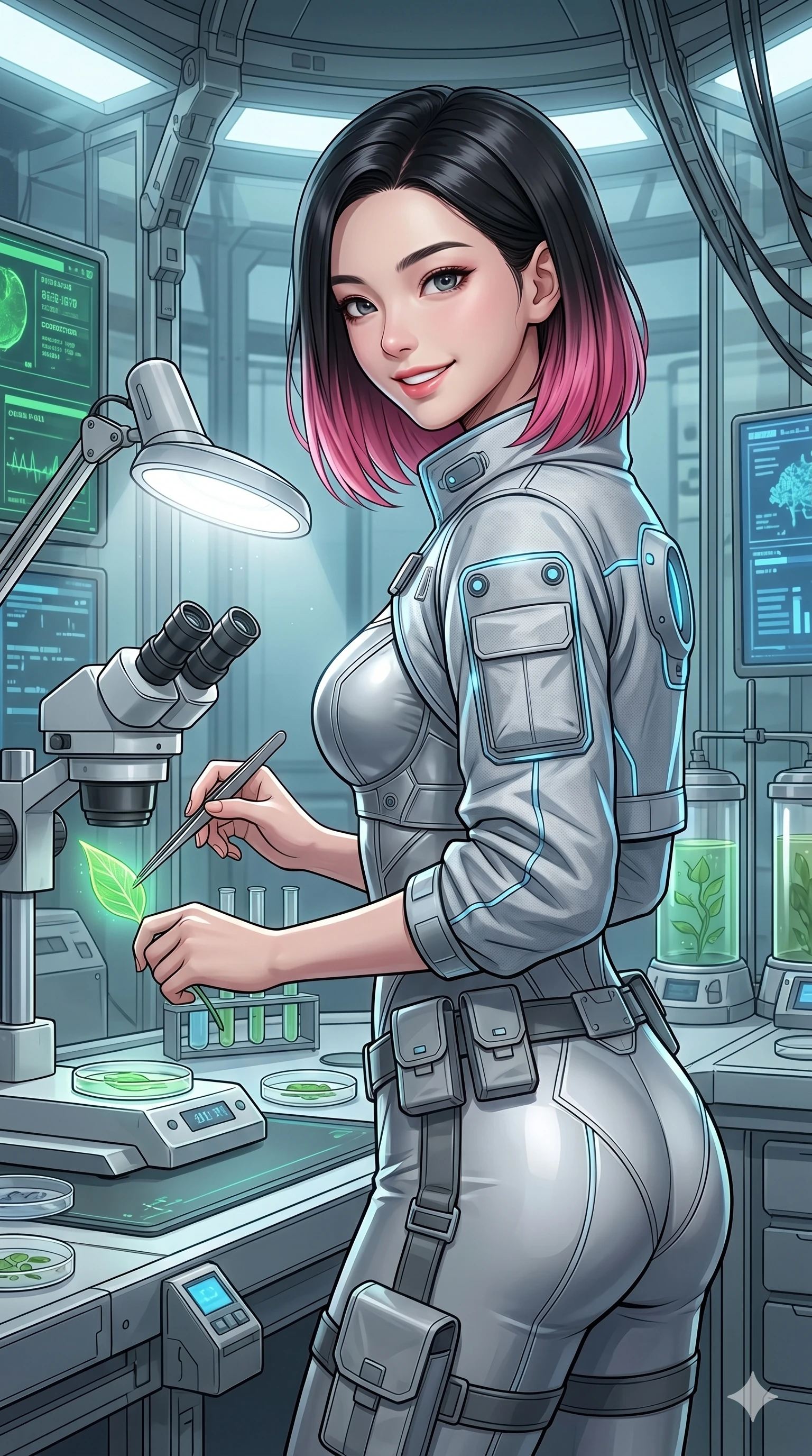 score_9, masterpiece, best quality, ultra-detailed, high-budget anime keyframe, semi-realistic 3D game render, Korean woman. Upper body close-up from the thighs up, character filling the screen for maximum presence. Inside a biotech research pod, examining a leaf sample, holding the sample with tweezers, looking back with a focused smile. She is wearing a cropped lab jacket over a structured silver bodice and utility leggings. The scene is lit by the bright white light of the laboratory workbench lamp. 2k, ultra detail, master piece, 9:16 ratio