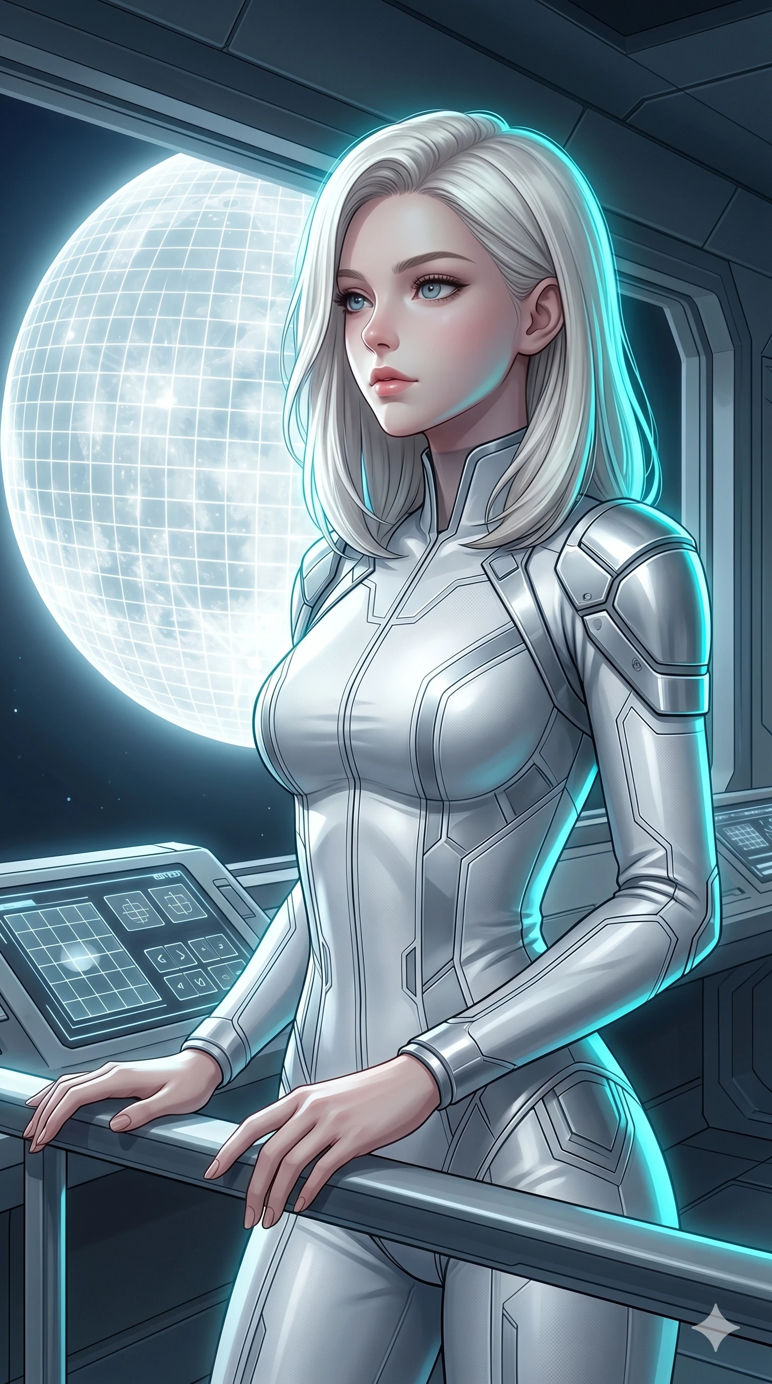 score_9, masterpiece, best quality, ultra-detailed, high-budget anime keyframe, editorial fashion photography, tasteful artistic composition, Caucasian woman, strictly human ears. Upper body close-up from the thighs up, character filling the screen for maximum presence. Inside a virtual reality observation deck, looking at a grid moon, looking at the moon with a serene, peaceful expression. She is wearing a sleek white and silver jumpsuit with structured shoulder panels. The scene is bathed in the cool white light of the grid moon and a cyan rim light. 2k, ultra detail, master piece, 9:16 ratio