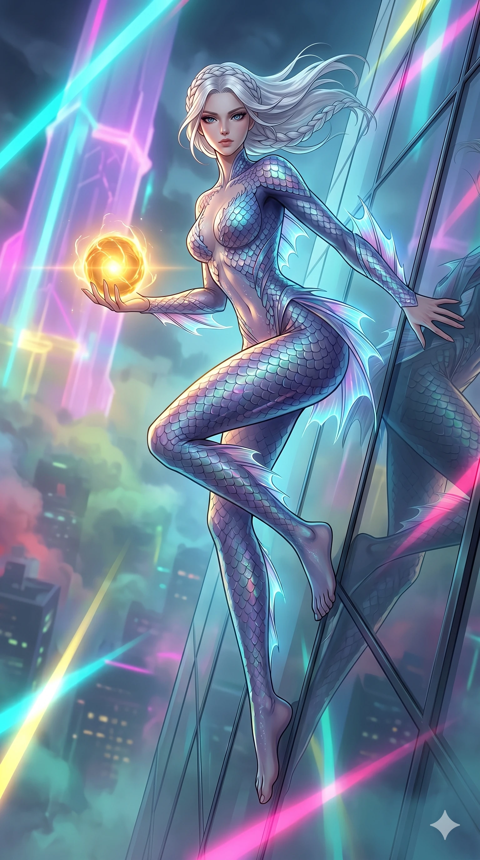score_9, masterpiece, best quality, ultra-detailed, Set A: High-budget Anime Keyframe, Caucasian (human ears) woman. Low angle cowboy shot filling the entire 9:16 frame with her statuesque presence. Theme: Ethereal Dream. sliding down a glass skyscraper in a temple made of solid light, holding a glowing core that hums with the power of 92 suns. The atmosphere is filled with heavy smog with neon flares. She has an absolutely perfect 8-heads proportion, an exceptionally tall and slender female figure with impossibly long slender legs and an ultra-slim waist. Sharp v-shaped jawline, high-bridge nose, intricate jewel-like eyes with depth, glossy lips. Wearing Deep-sea siren bodysuit with iridescent scales and glowing translucent fins. Cinematic lighting, vivid colors, dramatic shadows, 2k, ultra detail, master piece, 9:16 ratio
