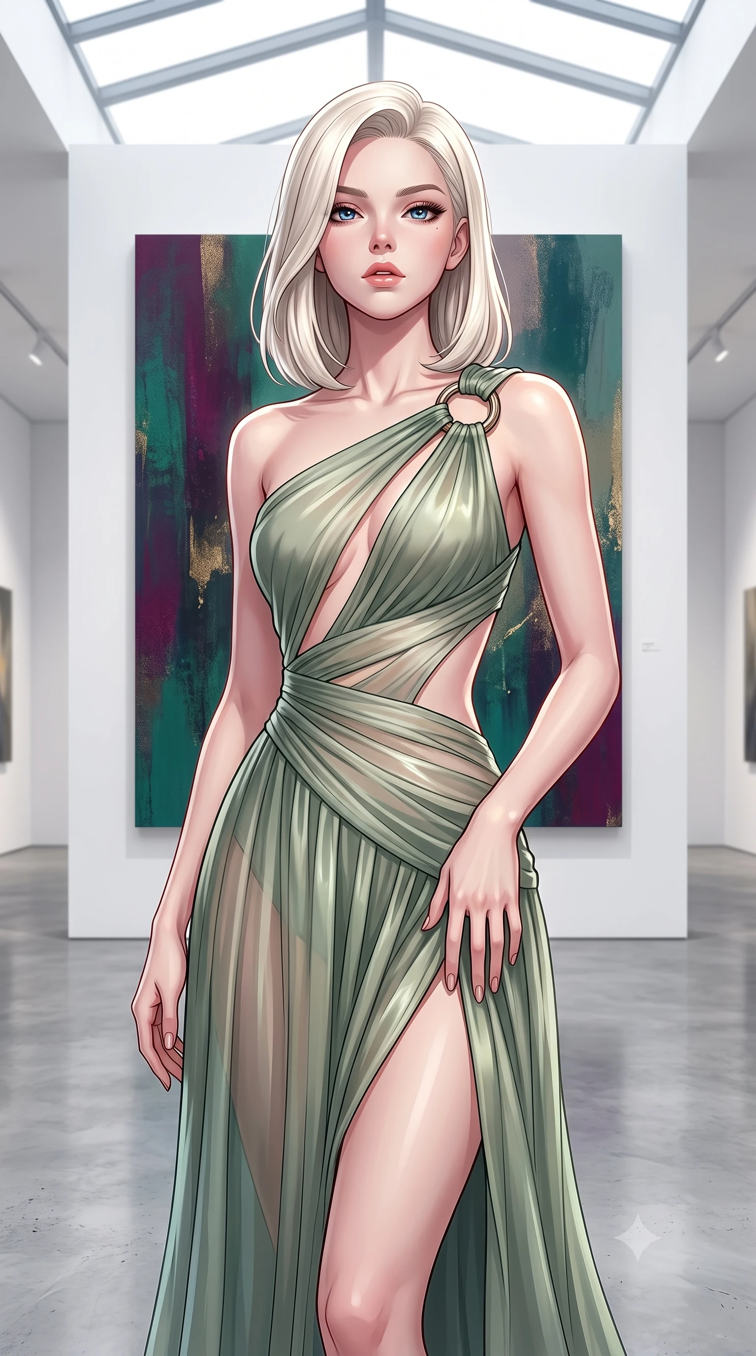 score_9, masterpiece, best quality, ultra-detailed, high-budget anime keyframe, editorial fashion photography, tasteful artistic composition, Caucasian woman. close-up cowboy shot from the waist and thighs up, the character dominates the composition, filling the frame with her large presence, background elements kept in soft focus. Tilting her chin up slightly with lips parted in a magnetic, composed expression standing before a giant minimalist abstract canvas in a sunlit art gallery, ultra-clean white architectural lines creating a minimalist high-end frame. She has an exceptionally elegant, slender, and willowy female figure with an ultra-slim waist, a gracefully sculpted slender torso, and a refined silhouette. sharp v-shaped jawline, high-bridge nose, intricate jewel-like eyes with depth, thick eyelashes, glossy lips with a natural sheen. wearing an asymmetrical Grecian draped chiffon gown with a metallic shoulder ring in sage green and oatmeal, woven from fine semi-opaque sheer organza, featuring clean architectural cutouts along her slender torso, the elegant draped fit framing her graceful clavicle and slender torso. illuminated by dramatic high-contrast runway spotlights and clear ambient fill. highly saturated vibrant anime colors, detailed shading with soft gradients, rich glossy textures, high-contrast stereoscopic depth, volumetric dynamic lighting, master piece, 9:16 ratio