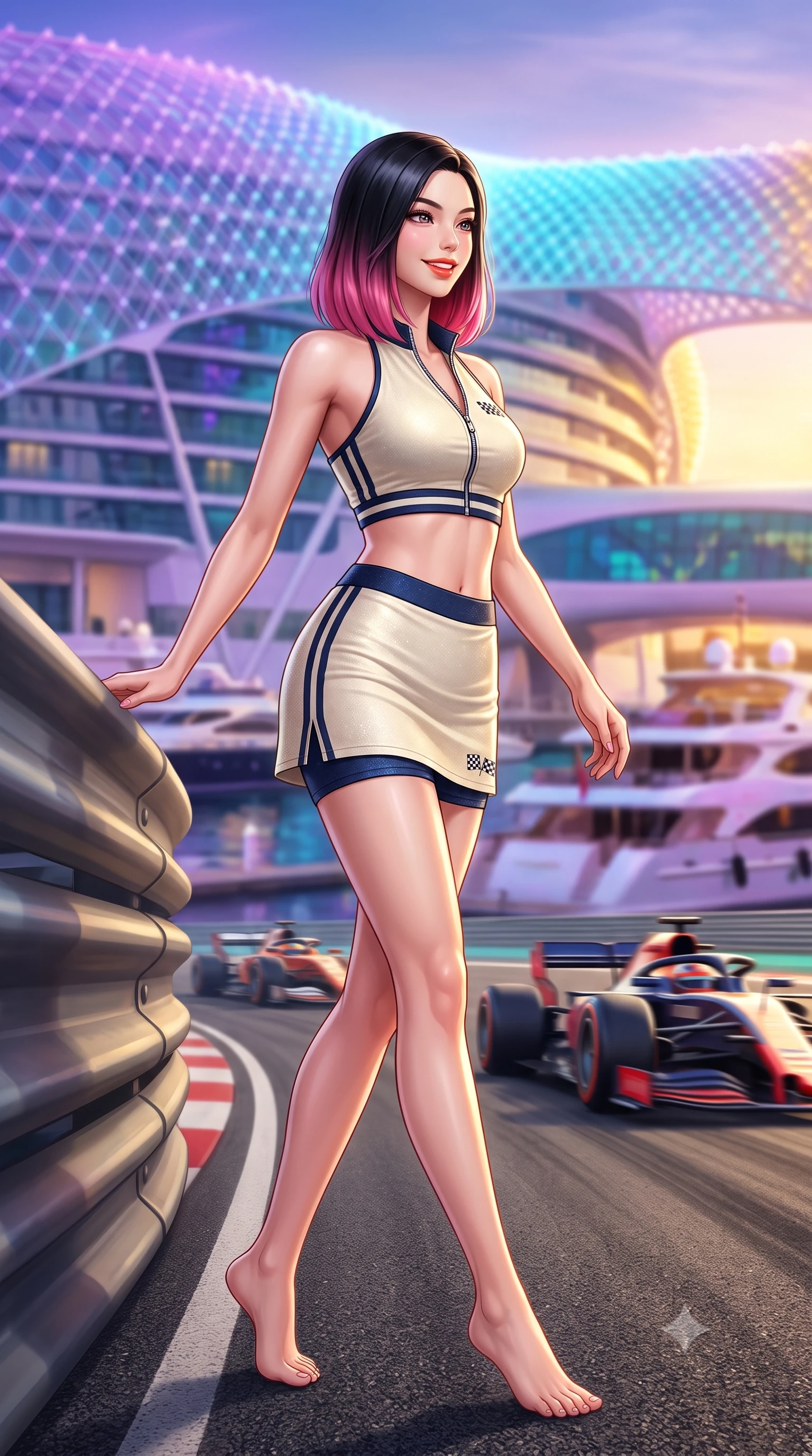 score_9, masterpiece, best quality, ultra-detailed, high-budget anime keyframe, semi-realistic 3D game render, editorial fashion photography, tasteful artistic composition, Korean woman. low angle full-body shot from head to toe showing her feet, filling the entire 9:16 vertical frame with her statuesque presence, stretching her vertical silhouette. stepping forward gracefully across the paddock tarmac in mid-motion with a radiant beaming smile, hips swaying in an alluring kinetic rhythm that accentuates her curvy hourglass silhouette and long slender legs while leaning against the trackside parapet with hips cocked back, looking over a bare shoulder toward high-speed racing cars braking into the chicane. The background shows a soft-focus the colossal flowing LED grid shell of the Yas Hotel shifting in violet, cyan, and gold and luxury yachts in the marina blurred into vibrant bokeh. She has an absolutely perfect, statuesque 8.5-heads proportion, an exceptionally tall and slender model-like female figure with impossibly long slender legs, an ultra-slim waist, a flat toned midriff, narrow delicate ribcage, and beautifully sculpted feminine hips creating a graceful, slim hourglass silhouette without any bulky heaviness. sharp v-shaped jawline, high-bridge nose, sparkling eyes with athletic focus and depth, thick curled eyelashes, glossy parted lips with a natural coral-peach sheen, bright confident and coquettish smile with alluring bedroom-eyes, exuding both youthful sporty vigor and sovereign high-society glamour, flawlessly proportioned anatomical accuracy, strict slender model proportions, natural body alignment, perfectly sculpted long slender limbs, ultra-slim waistline, clean dynamic posture without body distortion. wearing a modern two-piece athletic set featuring a zip-front halter sports crop top and curve-hugging tennis skirt with built-in compression shorts in retro tennis cream and navy blue stripes, woven from metallic lurex and technical nylon with subtle starlight glints, finished with contrasting racing stripe tape and subtle checkered flag embroidery, the liquid-tight tailored fabric clinging flawlessly to her narrow waist and rounded feminine hips, emphasizing every millimeter of her sculpted slim hourglass curves without any bulky heaviness. bathed in dramatic desert sunset golden hour twilight combined with vibrant LED canopy color washes. highly saturated vibrant anime colors, detailed shading with soft gradients, rich glossy textures, high-contrast stereoscopic depth, volumetric dynamic lighting, master piece, 9:16 ratio