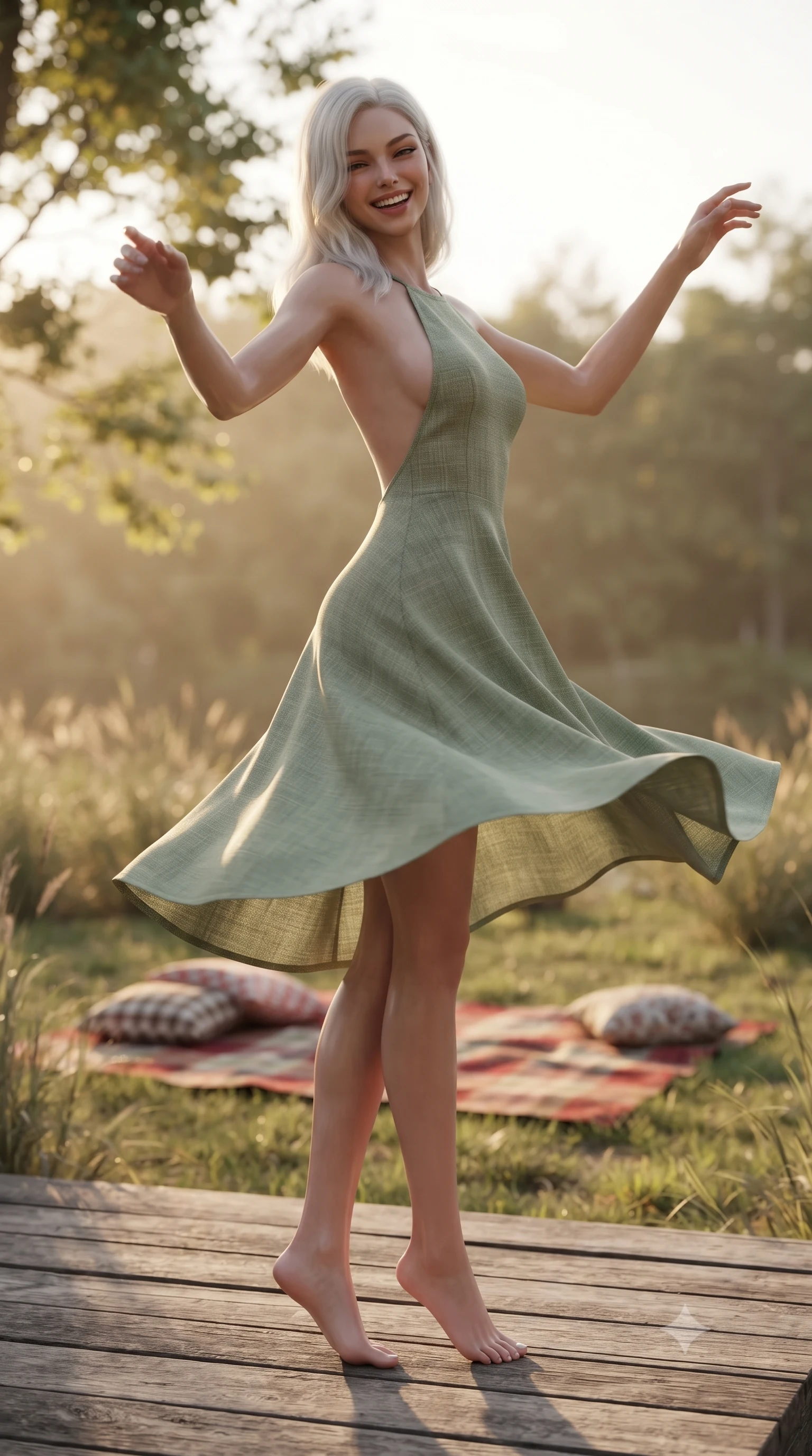 score_9, masterpiece, best quality, ultra-detailed, high-budget anime keyframe, editorial fashion photography, tasteful artistic composition, Caucasian woman. low angle full-body shot from head to toe showing her feet, filling the entire 9:16 vertical frame with her statuesque presence, stretching her vertical silhouette. twirling around with a playful, sensual laugh, her dress fluttering elegantly to accent her waistline set against a soft-focus background of on a wooden deck of a lakeside cottage surrounded by beachgrass with a red checkered picnic blanket and pillows arranged on the grass. She has an absolutely perfect, statuesque 8.5-heads proportion, an exceptionally tall and slender model-like female figure with impossibly long slender legs and an ultra-slim waist. sharp v-shaped jawline, high-bridge nose, intricate jewel-like eyes with depth, thick eyelashes, glossy lips with a natural sheen. wearing form-contouring backless linen halter dress in sage green, showing her elegant shoulder lines. soft afternoon sunbeams creating a peaceful, quiet country atmosphere. ultra-reflective glossy finish, specular highlights, metallic sheen, high-contrast stereoscopic depth, volumetric dynamic lighting, 2k, ultra detail, master piece, 9:16 ratio