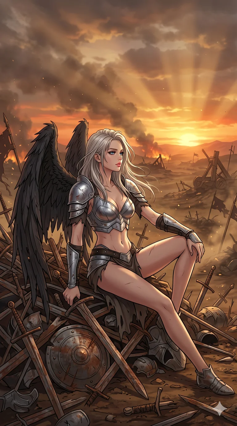 score_9, masterpiece, best quality, ultra-detailed, high-budget anime keyframe, an incredibly beautiful Caucasian woman (strictly human ears). Dynamic low angle cowboy shot filling the entire 9:16 frame with her statuesque presence. She is a fallen warrior resting on a pile of rusted swords in a sunset battlefield. She has an absolutely perfect 8-heads proportion, an exceptionally tall and slender build emphasizing a delicate skinny aesthetic. Her face is a flawless masterpiece with a sharp v-shaped jawline, high-bridge nose, expressive jewel-like eyes, thick eyelashes, and perfectly glossy lips. She is wearing a metallic silver armor-bikini with tattered black wings. A war-torn landscape under a dramatic golden sky, volumetric sun rays., 2k, ultra detail, master piece, 9:16 ratio