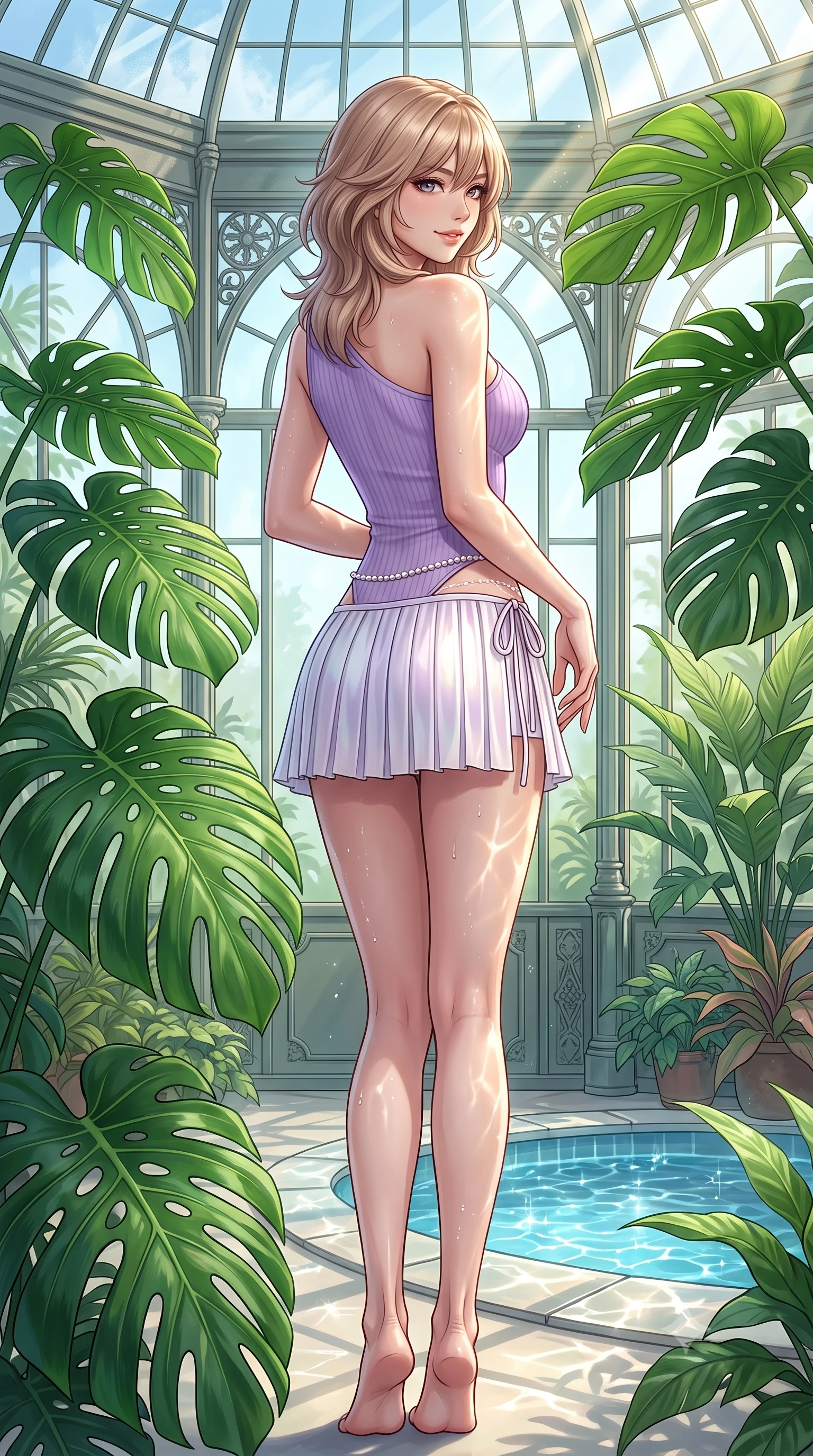 score_9, masterpiece, best quality, ultra-detailed, high-budget anime keyframe, semi-realistic 3D game render, editorial fashion photography, tasteful artistic composition, Japanese woman. low angle full-body shot from head to toe showing her feet, filling the entire 9:16 vertical frame with her statuesque presence, stretching her vertical silhouette. posing with back turned slightly to the lens, glancing back with an enchanting, playful smile as she arches her lower back to emphasize her sculpted feminine hips and slender waist while standing poised between giant emerald monstera fronds, twisting her slender torso in an alluring S-curve in the filtered sunbeams. The surrounding environment is rendered in vivid detail and crisp panoramic clarity. detailed dress weave, moisture beads on skin, and Victorian glasshouse architecture in high clarity. She has an exceptionally tall and slender model-like 8.5-heads proportion, an ultra-slim waist, a flat toned midriff, narrow delicate ribcage, and beautifully sculpted feminine hips creating a graceful, slim hourglass silhouette without any bulky heaviness, with impossibly long slender legs. sharp v-shaped jawline, high-bridge nose, intricate jewel-like sparkling eyes with depth, thick eyelashes, glossy parted lips with a natural peach sheen, bright cheerful beaming smile with an enchanting and coquettish sensual glint, exuding both youthful cute charm and seductive allure, flawlessly proportioned anatomical accuracy, strict slender model proportions, natural body alignment, perfectly sculpted long slender limbs, ultra-slim waistline, clean dynamic posture without body distortion. wearing an asymmetrical one-shoulder ribbed top paired with a micro-pleated skirt with side hip ties in delicate lavender violet and pearlescent white, crafted from liquid-tight stretch jersey emphasizing every curve, accented with a dainty pearl waist chain catching the ambient sunlight, the form-contouring cut accentuating her sculpted flat midriff, narrow delicate ribcage, and gracefully curvy hips with supermodel precision. illuminated by sparkling pool water caustics sharply sculpting her razor-sharp jawline, narrow waist, and curvy hips. highly saturated vibrant anime colors, detailed shading with soft gradients, rich glossy textures, high-contrast stereoscopic depth, volumetric dynamic lighting, master piece, 9:16 ratio