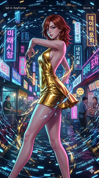 score_9, masterpiece, best quality, ultra-detailed, Set A: High-budget Anime Keyframe, Japanese woman. Upper body close-up from the thighs up, character filling the screen for maximum presence. Dancing through a neon-lit Neo-Seoul market, while a dig