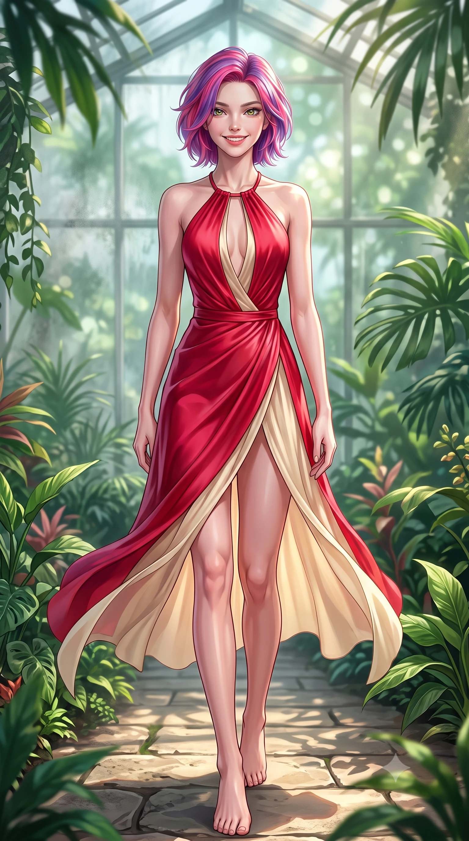score_9, masterpiece, best quality, ultra-detailed, high-budget anime keyframe, editorial fashion photography, tasteful artistic composition, Caucasian woman. low angle full-body shot from head to toe showing her feet, filling the entire 9:16 vertical frame with her statuesque presence, stretching her vertical silhouette. walking forward in a proud dynamic stride with a cheerful beaming smile, her vertical silhouette filling the frame while walking along a stone path in a sunlit botanical greenhouse surrounded by tropical greenery. The composition keeps background elements in soft focus with dreamy bokeh. tropical plant foliage and misty glass panes blurred into a dreamy emerald background bokeh. She has an absolutely perfect, statuesque 8.5-heads proportion, an exceptionally tall and slender model-like female figure with impossibly long slender legs and an ultra-slim waist. sharp v-shaped jawline, high-bridge nose, intricate jewel-like eyes with depth, thick eyelashes, glossy lips with a natural sheen, flawlessly proportioned anatomical accuracy, natural body alignment, perfectly sculpted elegant limbs, clean dynamic posture without body distortion. wearing a delicate silk halter-neck dress following her curves gracefully in vivid crimson red and champagne cream, crafted from lightweight fluid chiffon, accented with a Tasteful chest slit framing her clavicle gracefully, the elegant draped fit framing her graceful clavicle and slender torso. surrounded by a peaceful, sun-drenched, and healing greenhouse atmosphere. highly saturated vibrant anime colors, detailed shading with soft gradients, rich glossy textures, high-contrast stereoscopic depth, volumetric dynamic lighting, master piece, 9:16 ratio