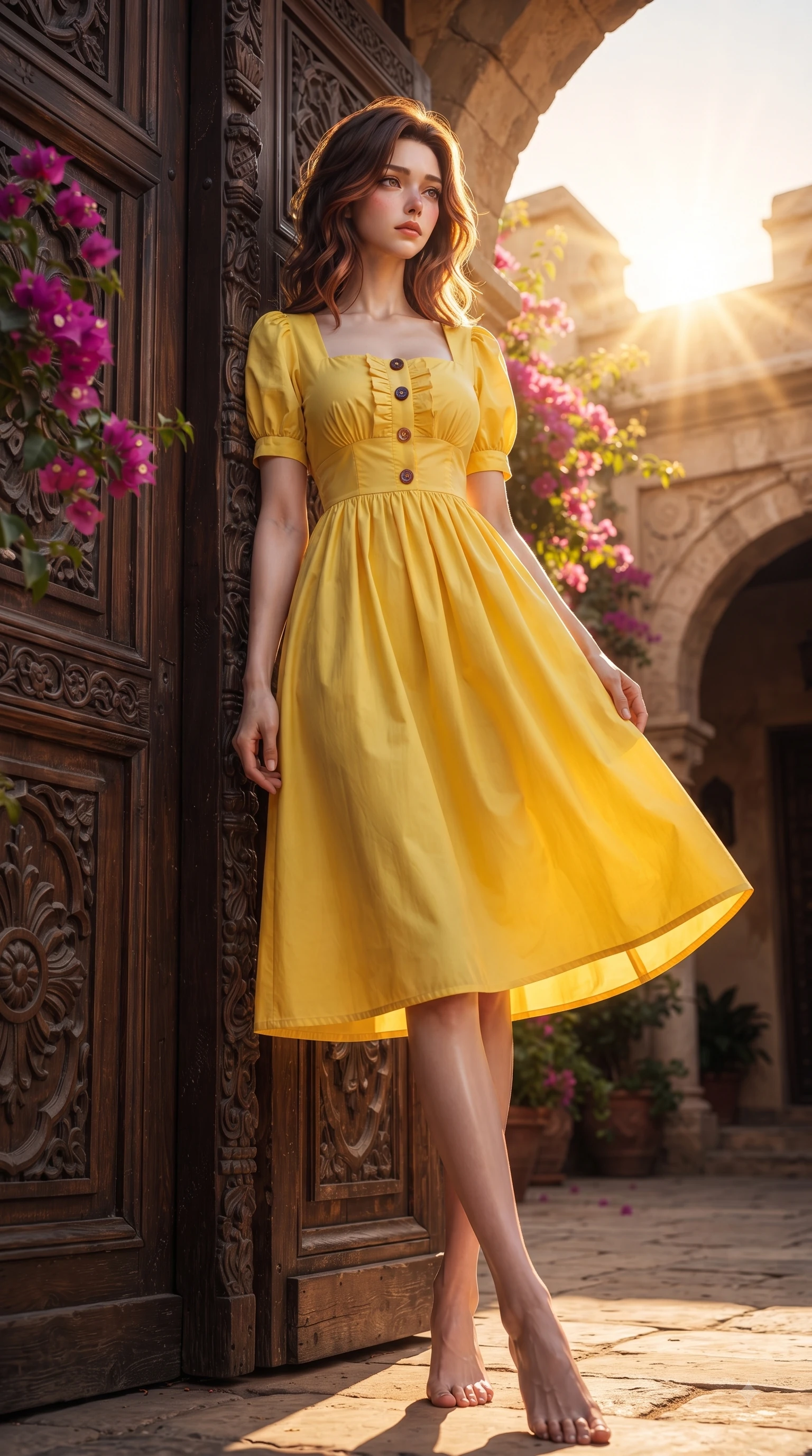 score_9, masterpiece, best quality, ultra-detailed, high-budget anime keyframe, editorial fashion photography, tasteful artistic composition, Korean woman. low angle full-body shot from head to toe showing her feet, filling the entire 9:16 vertical frame with her statuesque presence, stretching her vertical silhouette. Wistful sorrowful gaze looking distant with a delicate melancholy and emotional depth in her eyes while resting gracefully against an antique carved wooden doorway as golden hour light illuminates her face. The surrounding environment is rendered in vivid detail and crisp panoramic clarity. vibrant bougainvillea blossoms, historic archways, and detailed architectural shadows in panoramic clarity. She has an absolutely perfect, statuesque 8.5-heads proportion, an exceptionally tall and slender model-like female figure with impossibly long slender legs and an ultra-slim waist. sharp v-shaped jawline, high-bridge nose, intricate jewel-like eyes with depth, thick eyelashes, glossy lips with a natural sheen, flawlessly proportioned anatomical accuracy, natural body alignment, perfectly sculpted elegant limbs, clean dynamic posture without body distortion. wearing a bright canary yellow cotton sundress with short puff sleeves and wooden buttons in deep amethyst purple and rose gold, tailored from crisp high-density cotton poplin, featuring elegant flutter sleeves and a graceful square neckline, the fluid drape swaying gracefully with her dynamic editorial movement. bathed in dramatic golden hour sunbursts casting long cinematic shadows. ultra-reflective glossy finish, specular highlights, metallic sheen, high-contrast stereoscopic depth, volumetric dynamic lighting, 2k, ultra detail, master piece, 9:16 ratio