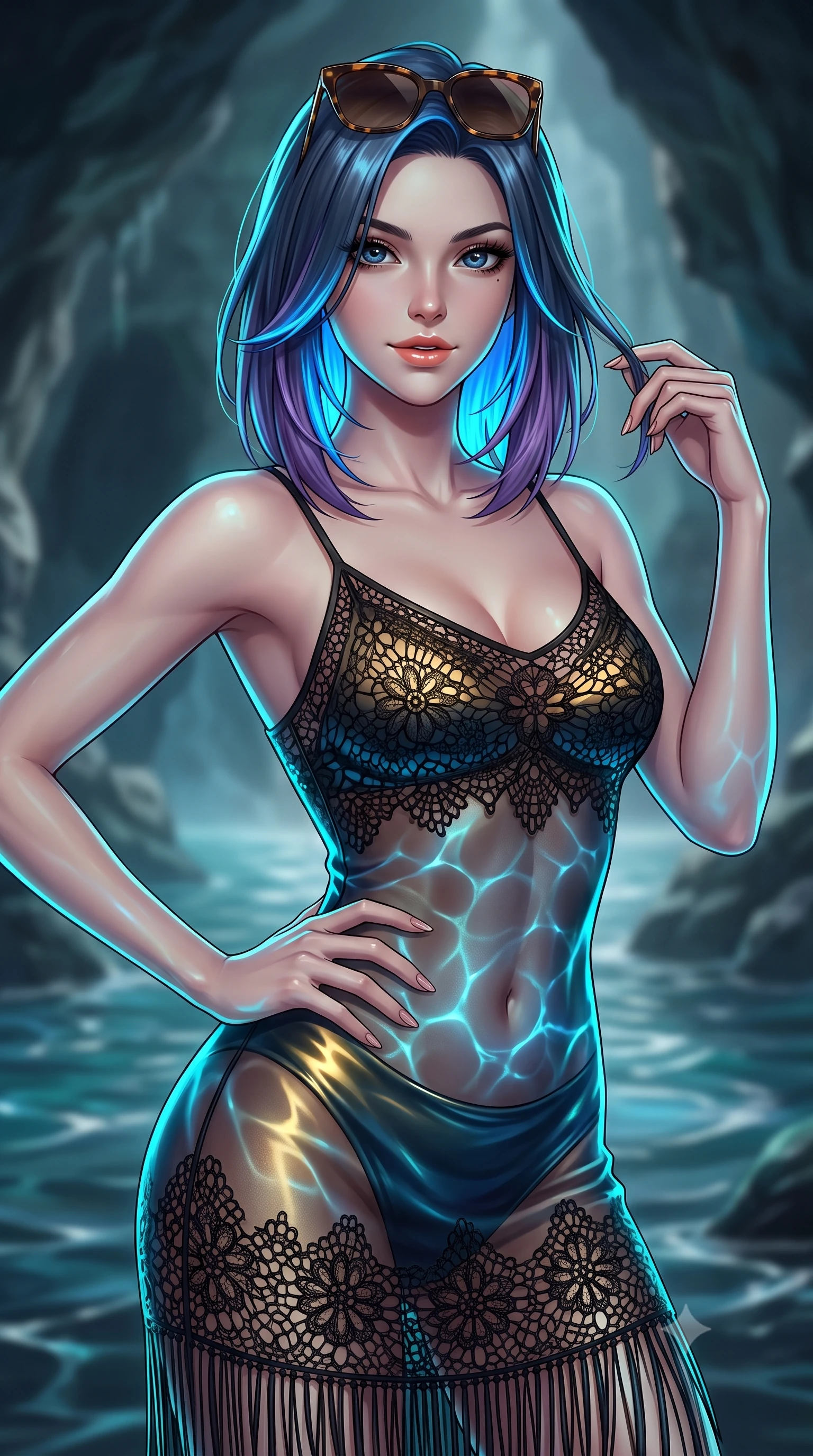 score_9, masterpiece, best quality, ultra-detailed, high-budget anime keyframe, semi-realistic 3D game render, editorial fashion photography, tasteful artistic composition, Caucasian woman. close-up cowboy shot from the waist and thighs up, the character dominates the composition, filling the frame with her large presence. twisting her slender torso in an alluring contrapposto stance, one hand resting on her sculpted hip while her fingers toy with her hair with effortless poise while twisting her slender torso in an alluring S-curve, electric blue underwater light caustics dancing across her flat midriff and hips. The background shows a soft-focus grotto entrance ripples softened in mysterious maritime subterranean shallow focus. She has an exceptionally elegant, slender, and willowy female figure with an ultra-slim waist, flat toned midriff, narrow ribcage, and sculpted feminine hips creating an alluring, slim hourglass silhouette without bulk. sharp v-shaped jawline, high-bridge nose, sparkling eyes with hypnotic seductive depth, thick curled eyelashes, glossy parted lips with a natural dewy peach sheen, alluring bedroom-eyes with an enchanting coquettish smile, exuding magnetic siren charisma and sophisticated glamour, flawlessly proportioned anatomical accuracy, strict slender model proportions, natural body alignment, perfectly sculpted long slender limbs, ultra-slim waistline, clean dynamic posture without body distortion. wearing a sheer black gauze fringe slip dress worn over a liquid satin undergarment, hugging her flat midriff and hips in molten liquid gold and deep ocean sapphire, made of delicate semi-sheer crochet lace with intricate openwork floral knit, complemented by oversized designer tortoiseshell sunglasses resting atop her head, the liquid-tight tailored fabric clinging flawlessly to her narrow waist and rounded feminine hips, emphasizing every millimeter of her sculpted slim hourglass curves without any bulky heaviness. illuminated by aquatic caustic reflections and sharp electric-cyan rim lights sculpting her jawline, ultra-slim waist, and curvy hips. highly saturated vibrant anime colors, detailed shading with soft gradients, rich glossy textures, high-contrast stereoscopic depth, volumetric dynamic lighting, master piece, 9:16 ratio