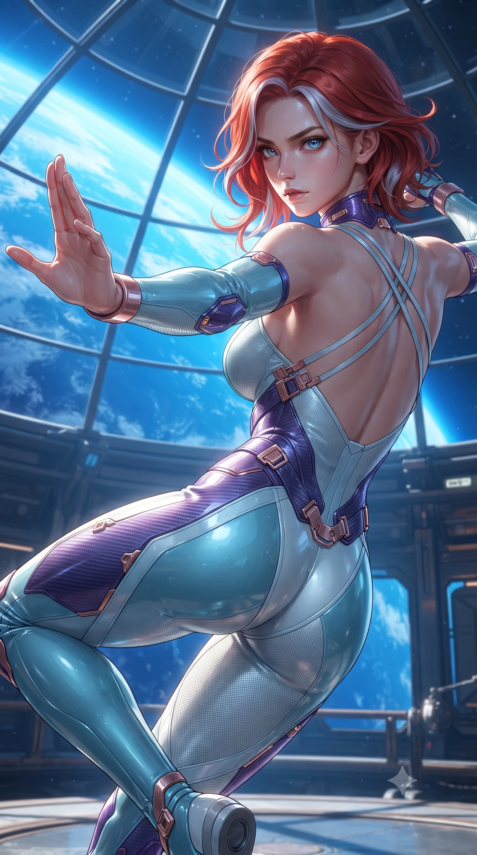 score_9, masterpiece, best quality, ultra-detailed, high-budget anime keyframe, editorial fashion photography, tasteful artistic composition, Caucasian woman. close-up cowboy shot from the waist and thighs up, the character dominates the composition, filling the frame with her large presence. in a razor-sharp Panzer Kunst fighting guard, one hand extended with palm open in fluid kinetic tension, captivating jewel-like eyes locked onto the viewer with dangerous focus while floating in zero-gravity inside a soaring glass dome dojo overlooking the brilliant blue curvature of Earth while striking a serene martial arts pose. The surrounding environment is rendered in vivid detail and crisp panoramic clarity. dramatic orbital chiaroscuro and transcendent high-altitude martial arts architecture in panoramic precision. She has an exceptionally elegant, slender, and willowy female figure with an ultra-slim waist, a gracefully sculpted slender torso, toned flat midriff, and a refined slim silhouette. sharp v-shaped jawline, high-bridge nose, intricate jewel-like eyes with depth, thick eyelashes, glossy lips with a natural sheen, flawlessly proportioned anatomical accuracy, strict slender model proportions, natural body alignment, perfectly sculpted long slender limbs, ultra-slim waistline, clean dynamic posture without body distortion. wearing an ultra-sleek glacial-cyan and white carbon-mesh combat bodysuit with frost-resistant kinetic shock-absorber plating in royal purple carbon fiber with rose-gold hardware and clasps, tailored from flexible second-skin carbon-mesh that clings flawlessly to her athletic curves, complemented by criss-cross back harness straps highlighting her completely bare spine, the liquid-tight tailored fabric emphasizing every curve of her tall, slender model proportions and sculptured silhouette during dynamic movement. bathed in dazzling natural orbital sunlight and rich blue planetary ambient bounce light. ultra-reflective glossy finish, specular highlights, dark metallic sheen, high-contrast stereoscopic depth, volumetric dynamic lighting, 2k, ultra detail, master piece, 9:16 ratio
