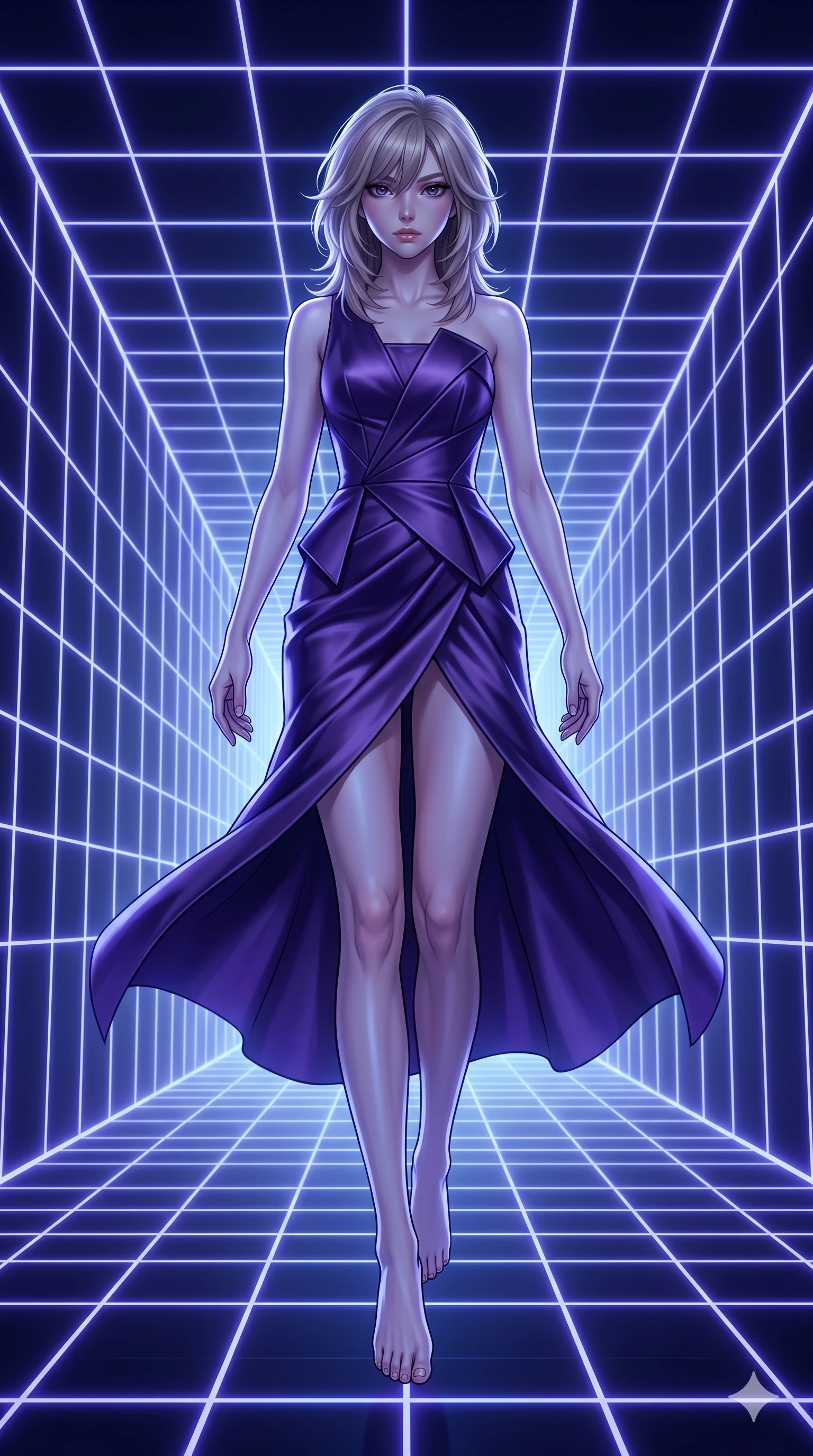 score_9, masterpiece, best quality, ultra-detailed, high-budget anime keyframe, editorial fashion photography, tasteful artistic composition, Japanese woman. low angle full-body shot from head to toe showing her feet, filling the entire 9:16 vertical frame with her statuesque presence, stretching her vertical silhouette. Leaping downward from a height, her body poised for landing with athletic grace inside an infinite digital grid room where neon blue lines stretch into the horizon. She has an absolutely perfect 8-heads proportion, an exceptionally tall and slender female figure with impossibly long slender legs and an ultra-slim waist. V-shaped jawline, high-bridge nose, intricate jewel-like eyes with depth, thick eyelashes, glossy lips with a natural sheen. wearing an architectural cocktail dress in deep violet satin with a structured bodice and a high front slit. bathed in a cool, ethereal blue-violet bioluminescent glow that highlights her form from all sides. 2k, ultra detail, master piece, 9:16 ratio