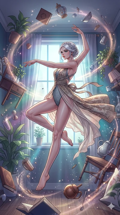score_9, masterpiece, best quality, ultra-detailed, high-budget anime movie keyframe, cinematic anime lighting, intricate line art, Japanese woman. Mid-air action shot capturing a graceful twist and vertical silhouette. manipulating the gravity of a 
