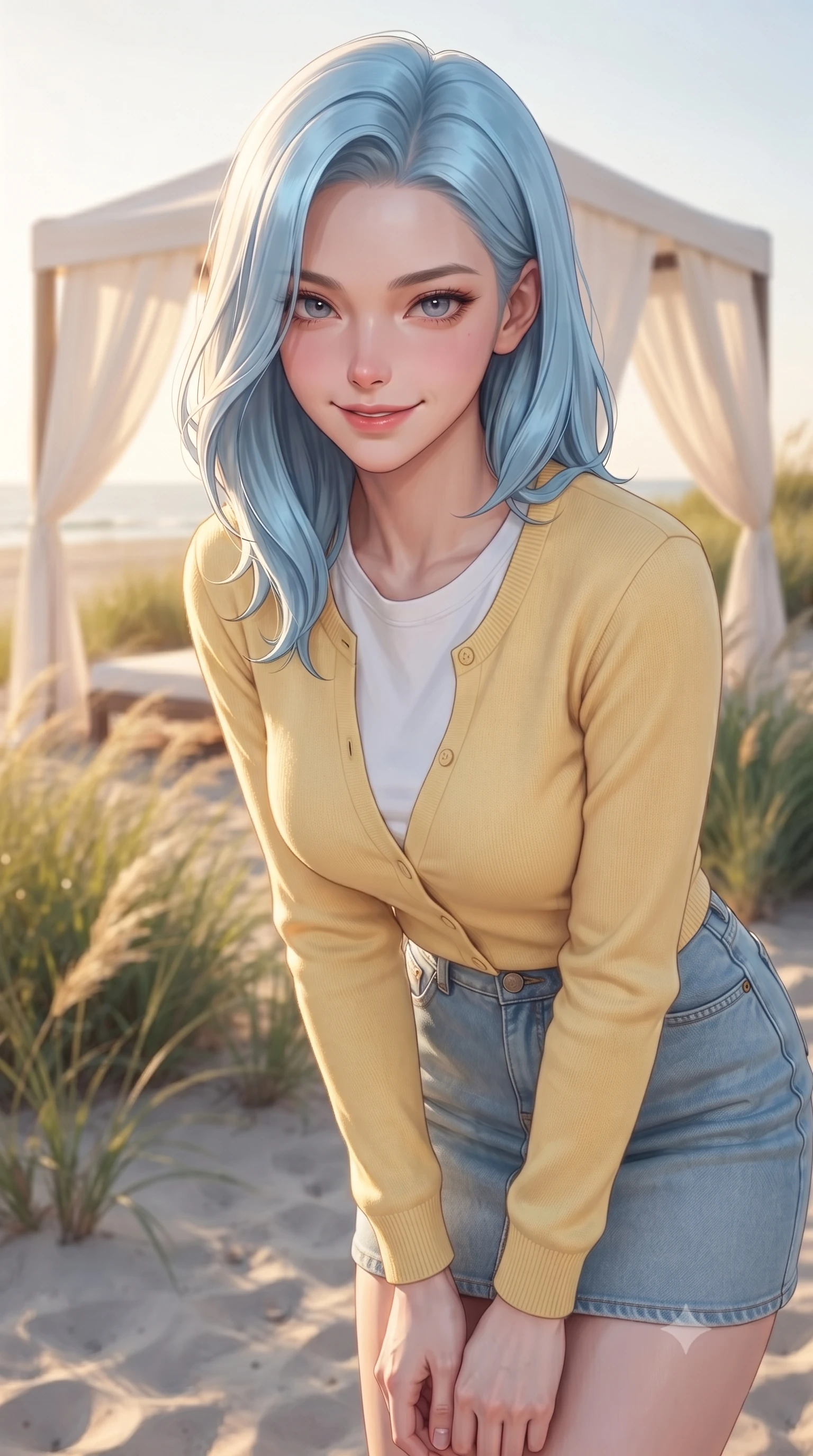 score_9, masterpiece, best quality, ultra-detailed, high-budget anime keyframe, editorial fashion photography, tasteful artistic composition, Korean woman woman. close-up cowboy shot from the waist and thighs up, the character dominates the composition, filling the frame with her large presence, background elements kept in soft focus. leaning slightly forward with a playful, teasing smile, her gaze locked onto the viewer the background shows a soft-focus a white canopy tent on a quiet beach resort, surrounded by tall beachgrass. She has an exceptionally elegant, slender, and willowy female figure with an ultra-slim waist, a gracefully sculpted slender torso, and a refined silhouette. sharp v-shaped jawline, high-bridge nose, intricate jewel-like eyes with depth, thick eyelashes, glossy lips with a natural sheen. wearing a slim-fit soft yellow cardigan over a white t-shirt and light blue denim skirt. warm golden afternoon sunlight bathing the sands in a soft glow. ultra-reflective glossy finish, specular highlights, metallic sheen, high-contrast stereoscopic depth, volumetric dynamic lighting, 2k, ultra detail, master piece, 9:16 ratio