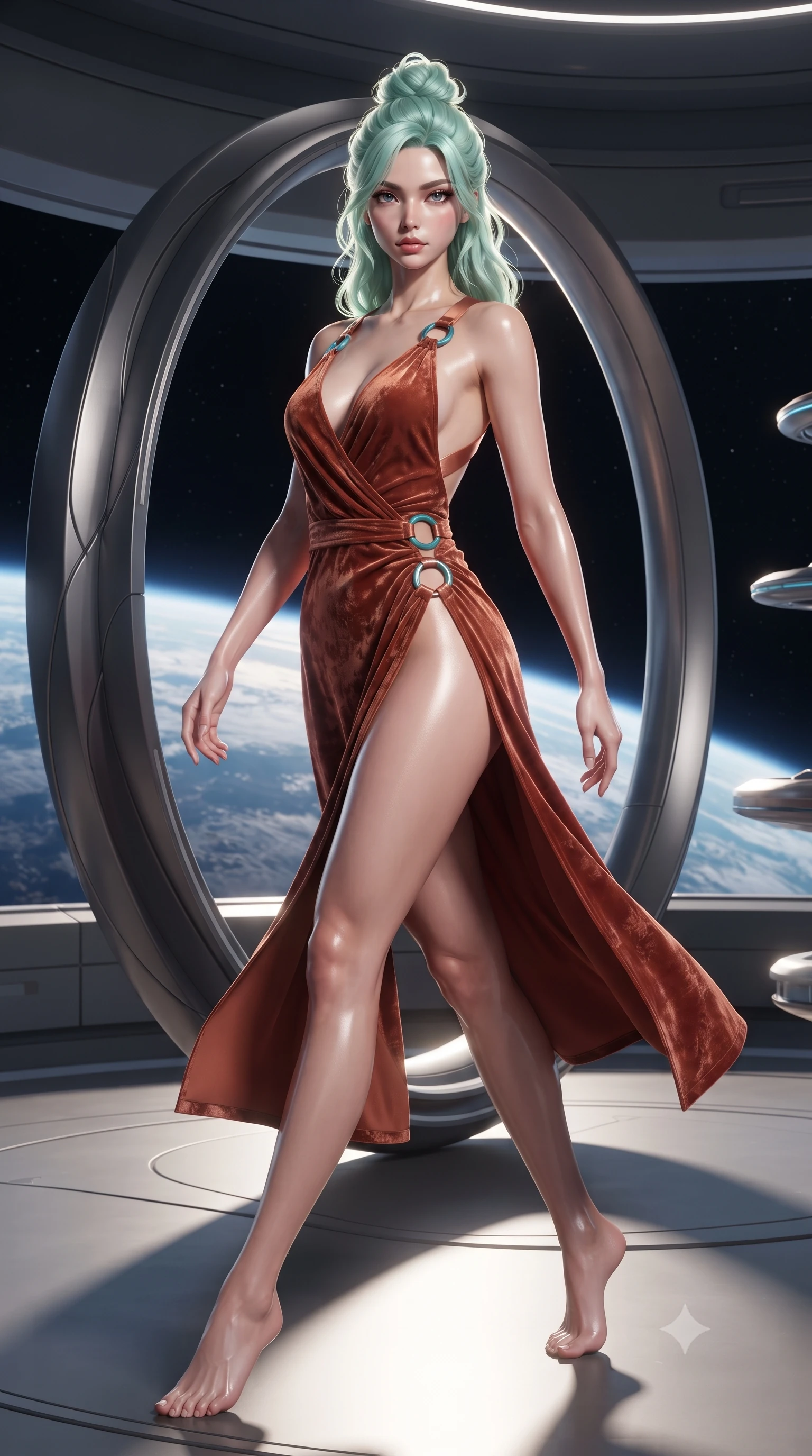 score_9, masterpiece, best quality, ultra-detailed, high-budget anime keyframe, editorial fashion photography, tasteful artistic composition, Japanese woman. low angle full-body shot from head to toe showing her feet, filling the entire 9:16 vertical frame with her statuesque presence, stretching her vertical silhouette. striding forward in a proud supermodel runway stride, hips swaying in an alluring kinetic rhythm that accentuates her curvy hourglass silhouette while floating weightlessly beside an architectural titanium lounge ring, arching her spine in a fluid, dancer-like line as orbital sunrise floods her silhouette. The surrounding environment is rendered in vivid detail and crisp panoramic clarity. epic high-contrast orbital sci-fi chiaroscuro and transcendent space-age luxury aesthetics in precision. She has an exceptionally tall and slender model-like 8.5-heads proportion, an ultra-slim waist, a flat toned midriff, narrow delicate ribcage, and beautifully sculpted feminine hips creating a graceful, slim hourglass silhouette without any bulky heaviness, with impossibly long slender legs. sharp v-shaped jawline, high-bridge nose, intricate jewel-like eyes with depth, thick eyelashes, glossy parted lips with a natural sheen, intensely captivating and seductive bedroom-eyes expression, flawlessly proportioned anatomical accuracy, strict slender model proportions, natural body alignment, perfectly sculpted long slender limbs, ultra-slim waistline, clean dynamic posture without body distortion. wearing a backless terracotta silk wrap dress featuring high-cut side hip slits and turquoise ring hardware in desert terracotta copper and sun-baked sand gold, crafted from heavyweight crushed silk velvet with liquid vintage luster, finished with criss-cross back satin straps highlighting her graceful shoulder blades, the second-skin form-contouring cut accentuating her sculpted flat midriff, narrow delicate ribcage, and gracefully curvy hips with supermodel precision. illuminated by sleek metallic specular reflections sharply defining her bare collarbones, ultra-slim waist, and curvy hips. ultra-reflective glossy finish, specular highlights, rich textural contrasts, high-contrast stereoscopic depth, volumetric dynamic lighting, 2k, ultra detail, master piece, 9:16 ratio