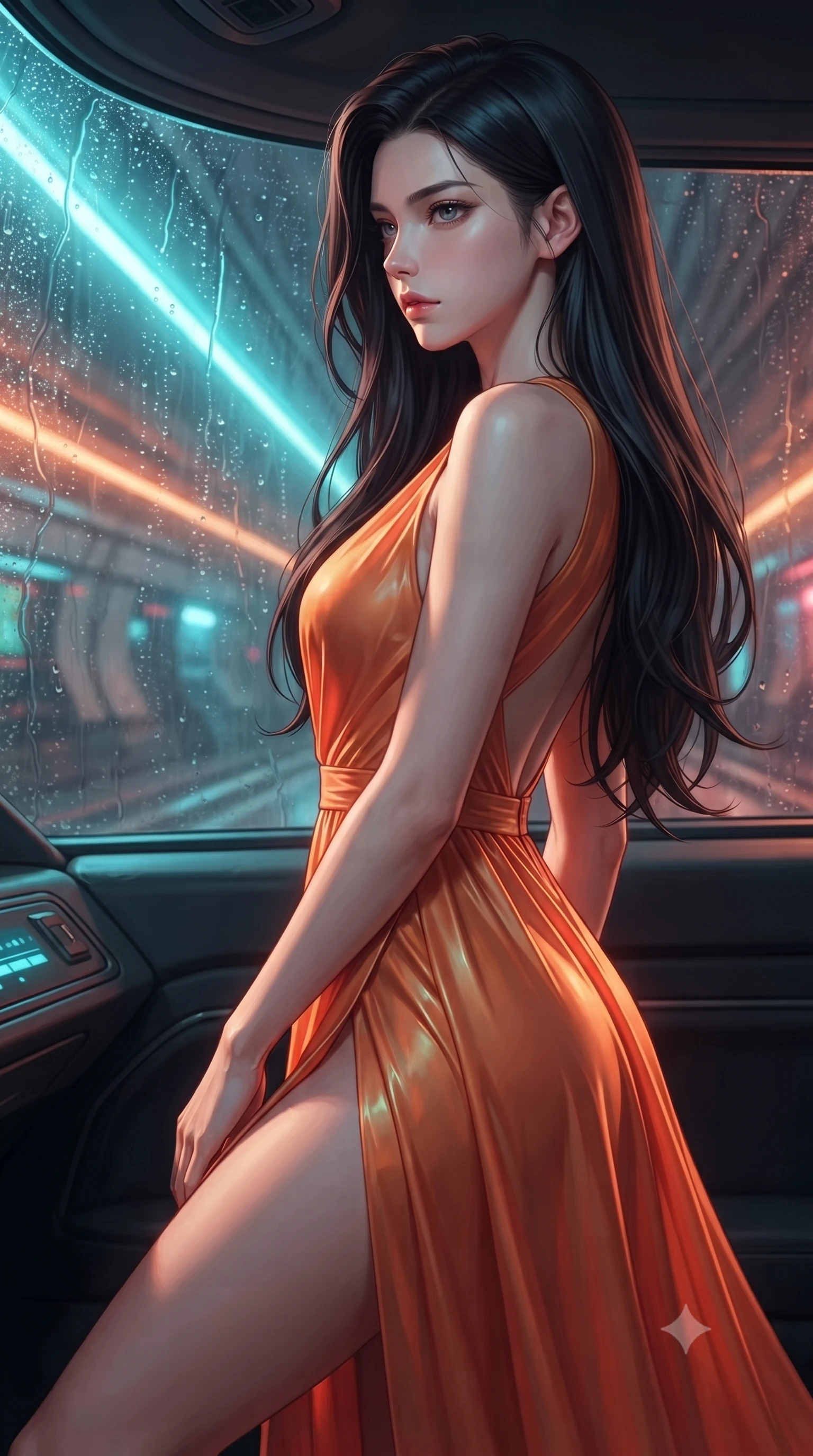 score_9, masterpiece, best quality, ultra-detailed, high-budget anime keyframe, editorial fashion photography, tasteful artistic composition, Korean woman. close-up cowboy shot from the waist and thighs up, the character dominates the composition, filling the frame with her large presence, background elements kept in soft focus. turning her face in sharp profile, casting a cold, mysterious, yet intensely alluring side gaze, the background shows a soft-focus the interior of an automated cyber-cab speeding through a neon-lit tunnel. She has an exceptionally elegant, slender, and willowy female figure with an ultra-slim waist, a gracefully sculpted slender torso, and a refined silhouette. sharp v-shaped jawline, high-bridge nose, intricate jewel-like eyes with depth, thick eyelashes, glossy lips with a natural sheen. wearing a tailored high-slit resort gown in sunset orange chiffon, featuring a daring thigh-slit and open back. shifting cyan and orange lights refracting through the rain-streaked window glass. ultra-reflective glossy finish, specular highlights, metallic sheen, high-contrast stereoscopic depth, volumetric dynamic lighting, 2k, ultra detail, master piece, 9:16 ratio