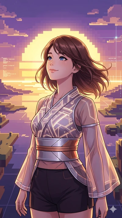 score_9, masterpiece, best quality, ultra-detailed, high-budget anime keyframe, Korean woman. Upper body close-up from the thighs up, character filling the screen for maximum presence. Inside a virtual reality skybox during a pixelated sunset, lookin