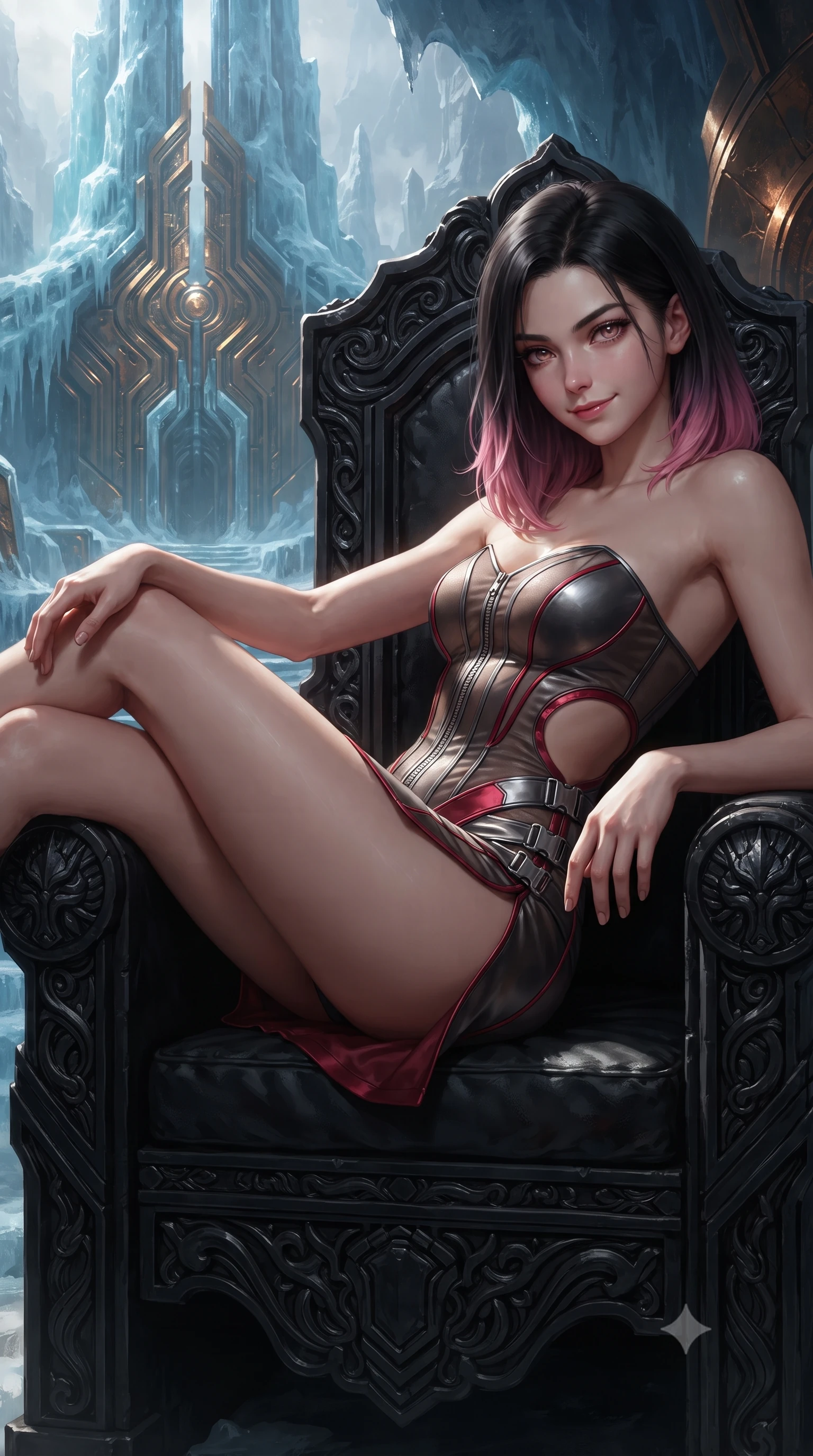 score_9, masterpiece, best quality, ultra-detailed, high-budget anime keyframe, editorial fashion photography, tasteful artistic composition, Korean woman. close-up cowboy shot from the waist and thighs up, the character dominates the composition, filling the frame with her large presence. turning over a bare shoulder with an intoxicating, teasing smile, her soft hair framing her sharp jawline as her hips angle gracefully while reclining on a carved obsidian throne propped on one elbow, eyes glowing with supernatural magnetism as she glances past the camera. The surrounding environment is rendered in vivid detail and crisp panoramic clarity. monumental high-contrast Nordic sci-fi chiaroscuro and mythic glacial architecture in precision. She has an exceptionally elegant, slender, and willowy female figure with an ultra-slim waist, a gracefully sculpted slender torso, toned flat midriff, and rounded feminine hips creating an alluring hourglass silhouette. sharp v-shaped jawline, high-bridge nose, intricate jewel-like eyes with depth, thick eyelashes, glossy parted lips with a natural sheen, intensely captivating and seductive bedroom-eyes expression, flawlessly proportioned anatomical accuracy, strict slender model proportions, natural body alignment, perfectly sculpted long slender limbs, ultra-slim waistline, clean dynamic posture without body distortion. wearing a sculpted titanium corset mini dress with an open-waist ring cutout and high side hip slit in titanium gunmetal and blood-crimson accents, made of sheer contouring power-mesh panels with anatomical curve lines, finished with quick-release titanium buckles and neon-reflective piping, the liquid-tight tailored fabric clinging flawlessly to her narrow waist and rounded feminine hips, emphasizing every millimeter of her sculpted hourglass curves during movement. illuminated by crisp metallic specular reflections sharply defining her sculpted waist, bare spine, and curvy hips. ultra-reflective glossy finish, specular highlights, rich textural contrasts, high-contrast stereoscopic depth, volumetric dynamic lighting, 2k, ultra detail, master piece, 9:16 ratio