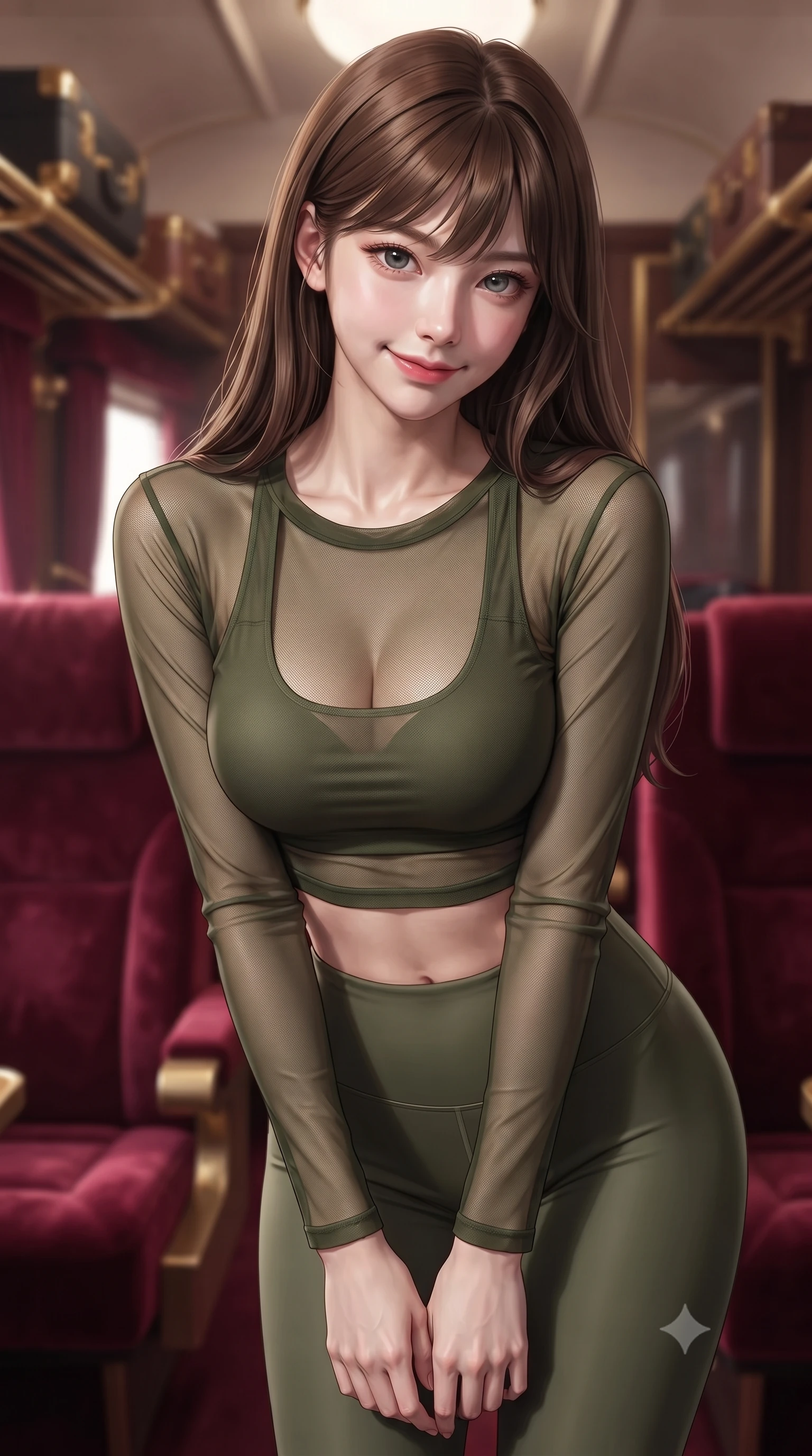 score_9, masterpiece, best quality, ultra-detailed, high-budget anime keyframe, editorial fashion photography, tasteful artistic composition, Korean woman. close-up cowboy shot from the waist and thighs up, the character dominates the composition, filling the frame with her large presence, background elements kept in soft focus. leaning slightly forward with a playful, teasing smile, her gaze locked onto the viewer the background shows a soft-focus a private compartment with plush velvet seats and gold-trimmed luggage racks. She has an exceptionally elegant, slender, and willowy female figure with an ultra-slim waist, a gracefully sculpted slender torso, and a refined silhouette. sharp v-shaped jawline, high-bridge nose, intricate jewel-like eyes with depth, thick eyelashes, glossy lips with a natural sheen. wearing a slim-fit sheer mesh long-sleeve crop top in olive green, worn over a matching sports bra and leggings. soft spotlighting highlighting the detailed fabrics of her outfit. ultra-reflective glossy finish, specular highlights, metallic sheen, high-contrast stereoscopic depth, volumetric dynamic lighting, 2k, ultra detail, master piece, 9:16 ratio
