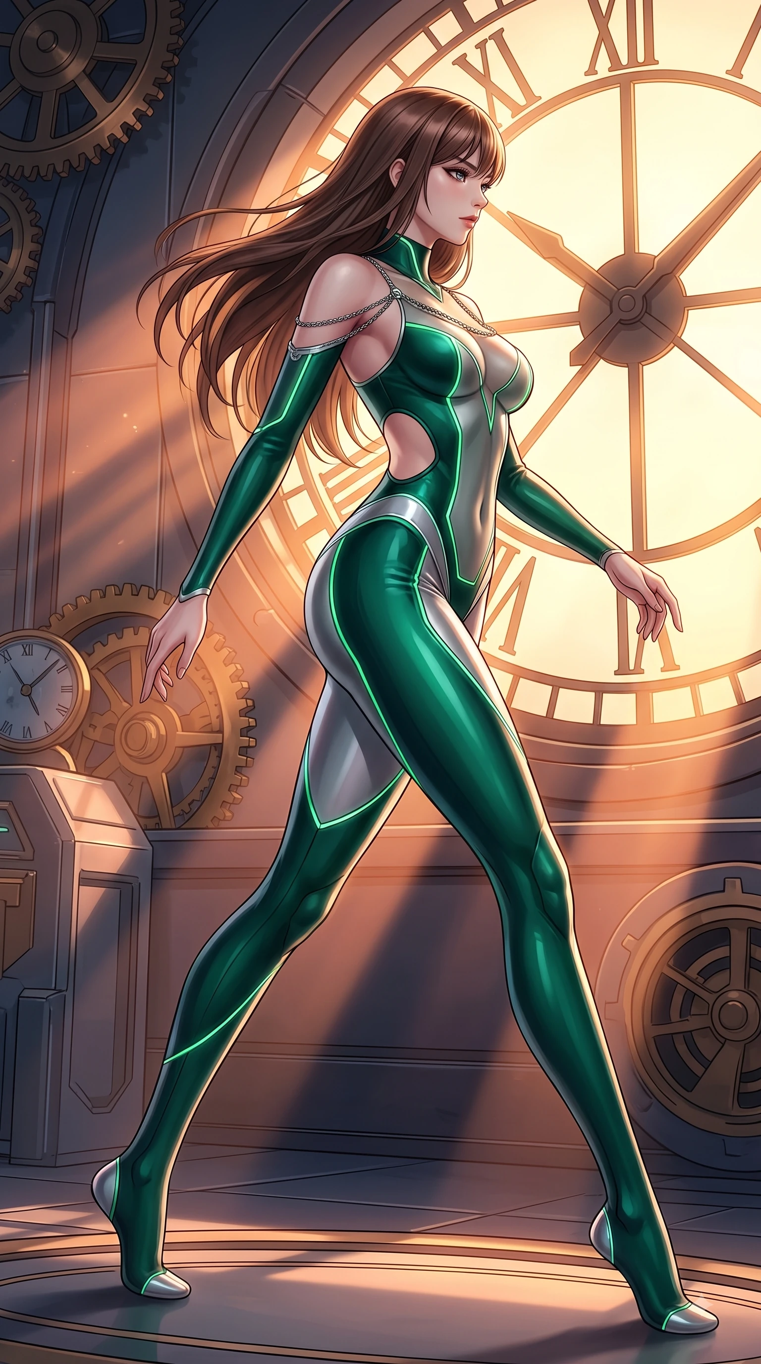 score_9, masterpiece, best quality, ultra-detailed, high-budget anime keyframe, editorial fashion photography, tasteful artistic composition, Korean woman. low angle full-body shot from head to toe showing her feet, filling the entire 9:16 vertical frame with her statuesque presence, stretching her vertical silhouette. forging dynamically through the scene with her long slender legs and ultra-slim waist creating a sweeping curve while pivoting in a dynamic profile pose as twilight amber light streams through the massive window, dramatic twilight amber light streaming through the giant clock window in bold beams. She has an absolutely perfect, statuesque 8.5-heads proportion, an exceptionally tall and slender model-like female figure with impossibly long slender legs and an ultra-slim waist. sharp v-shaped jawline, high-bridge nose, intricate jewel-like eyes with depth, thick eyelashes, glossy lips with a natural sheen, flawlessly proportioned anatomical accuracy, natural body alignment, perfectly sculpted elegant limbs, clean dynamic posture without body distortion. wearing a skin-tight cybernetic bodysuit with glowing neon seams and side cutouts in deep emerald green and silver accent, woven from fine semi-opaque sheer organza, adorned with delicate metallic chain straps along the neckline, the elegant draped fit framing her graceful clavicle and slender torso. bathed in warm twilight amber backlighting and rich metallic specular glow. highly saturated vibrant anime colors, detailed shading with soft gradients, rich glossy textures, high-contrast stereoscopic depth, volumetric dynamic lighting, master piece, 9:16 ratio