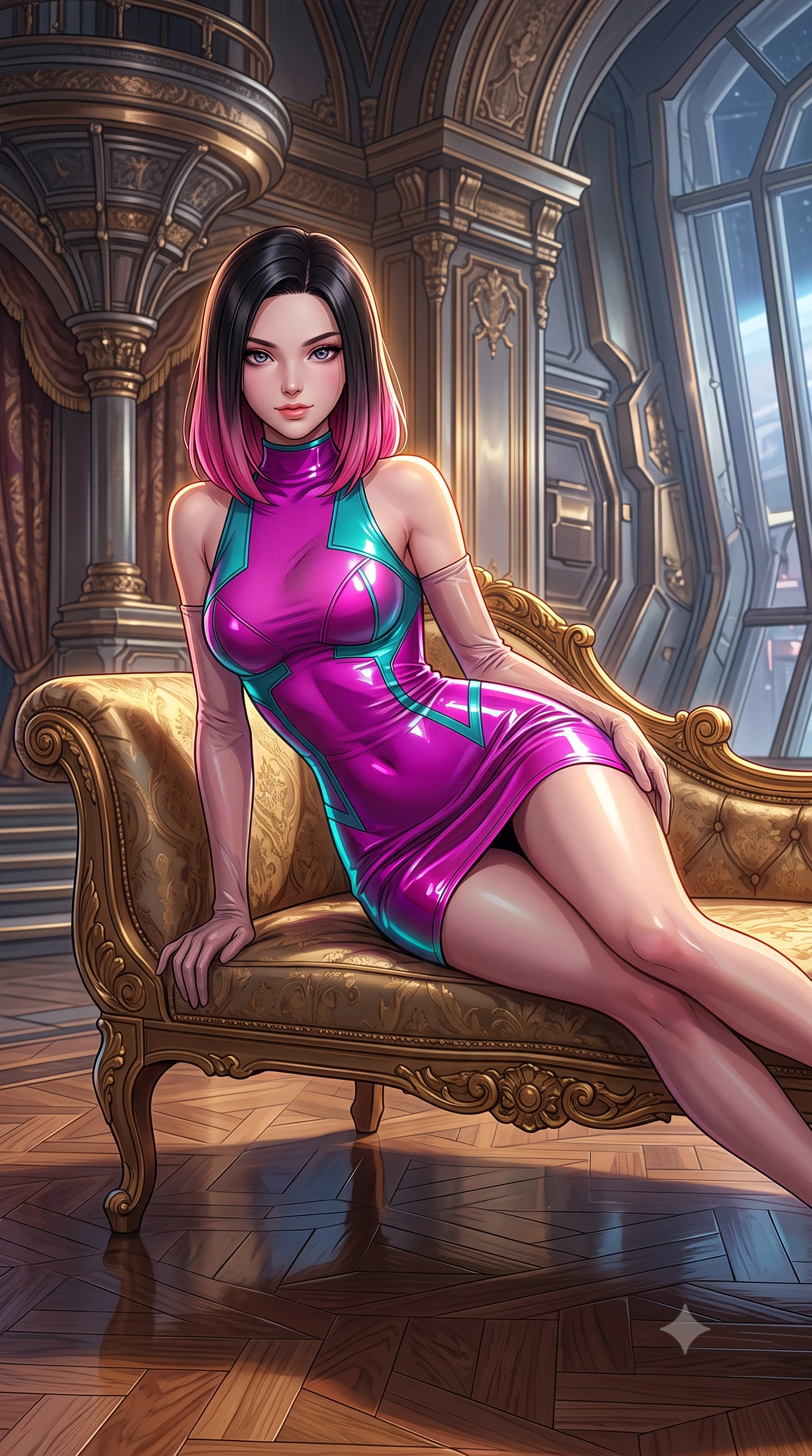 score_9, masterpiece, best quality, ultra-detailed, high-budget anime keyframe, semi-realistic 3D game render, editorial fashion photography, tasteful artistic composition, Korean woman. close-up cowboy shot from the waist and thighs up, the character dominates the composition, filling the frame with her large presence. leaning forward while arching her lower back to accentuate her curvy hips, looking into the camera with an intoxicating smoldering gaze and bedroom-eyes while lounging gracefully across the antique gilded chaise propped on one elbow with legs extended, displaying her long slender limbs and statuesque hourglass silhouette with regal anime flair. The surrounding environment is rendered in vivid detail and crisp panoramic clarity: detailed anime keyframe lines, rich fabric textures, and monumental imperial space architecture in razor-sharp precision. She has an exceptionally elegant, slender, and willowy female figure with an ultra-slim waist, flat toned midriff, narrow ribcage, and sculpted feminine hips creating an alluring, slim hourglass silhouette without bulk. sharp v-shaped jawline, high-bridge nose, intricate jewel-like sparkling eyes with depth, thick eyelashes, glossy parted lips with a natural peach sheen, bright cheerful beaming smile with an enchanting and coquettish sensual glint, exuding both youthful cute charm and seductive allure, flawlessly proportioned anatomical accuracy, strict slender model proportions, natural body alignment, perfectly sculpted long slender limbs, ultra-slim waistline, clean dynamic posture without body distortion. wearing a dense bandage-knit tactical officer dress with subtle geometric chest accents contouring her delicate ribcage and feminine hips in Kowloon neon magenta and electric teal, tailored from high-gloss patent leather with mirror-like specular highlights, complemented by sheer opera-length evening gloves tracing her slender arms, the form-contouring silhouette accentuating her sculpted flat midriff, narrow delicate ribcage, and gracefully curvy hips with intoxicating allure. illuminated by polished parquet reflection bounce and sharp gold-plasma rim lights sculpting her jawline, narrow waist, and curvy hips. highly saturated vibrant anime colors, detailed shading with soft gradients, rich glossy textures, high-contrast stereoscopic depth, volumetric dynamic lighting, master piece, 9:16 ratio
