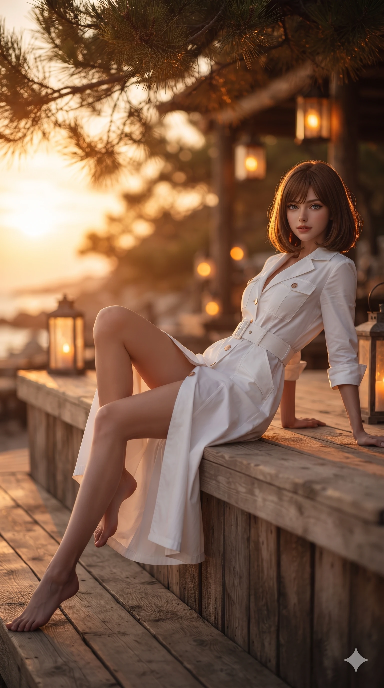score_9, masterpiece, best quality, ultra-detailed, high-budget anime keyframe, editorial fashion photography, tasteful artistic composition, Caucasian woman. low angle full-body shot from head to toe showing her feet, filling the entire 9:16 vertical frame with her statuesque presence, stretching her vertical silhouette. reclining on her side in an elegant Cleopatra pose with one knee drawn up, the dramatic contour of her rounded hips and long slender legs commanding the 9:16 vertical frame while standing poised at the edge of the timber deck overlooking the beach, arching her lower back with sovereign supermodel grace as evening breezes stir her hair. The background shows a soft-focus coastal pine sunset terrace softened in rustic luxury beach bar shallow focus. She has an absolutely perfect, statuesque 8.5-heads proportion, an exceptionally tall and slender model-like female figure with impossibly long slender legs, an ultra-slim waist, a flat toned midriff, narrow delicate ribcage, and beautifully sculpted feminine hips creating a graceful, slim hourglass silhouette without any bulky heaviness. sharp v-shaped jawline, high-bridge nose, sparkling eyes with hypnotic seductive depth, thick curled eyelashes, glossy parted lips with a natural dewy peach sheen, alluring bedroom-eyes with an enchanting coquettish smile, exuding magnetic siren charisma and sophisticated glamour, flawlessly proportioned anatomical accuracy, strict slender model proportions, natural body alignment, perfectly sculpted long slender limbs, ultra-slim waistline, clean dynamic posture without body distortion. wearing a tailored white cotton poplin resort trench dress with structured waist belt and mother-of-pearl buttons in blazing sunset peach and deep coral crimson, tailored from crisp high-density nautical cotton poplin with pristine structural hold, finished with sleek heavy-duty brass anchor zip pulls and nautical hardware, the impeccably tailored cut draping gracefully along her slender figure with aristocratic resort poise. bathed in the magical, warm 2200K sunset glow filtering horizontally through pine needles mixed with soft amber lantern light. ultra-reflective glossy finish, specular highlights, rich textural contrasts, high-contrast stereoscopic depth, volumetric dynamic lighting, 2k, ultra detail, master piece, 9:16 ratio