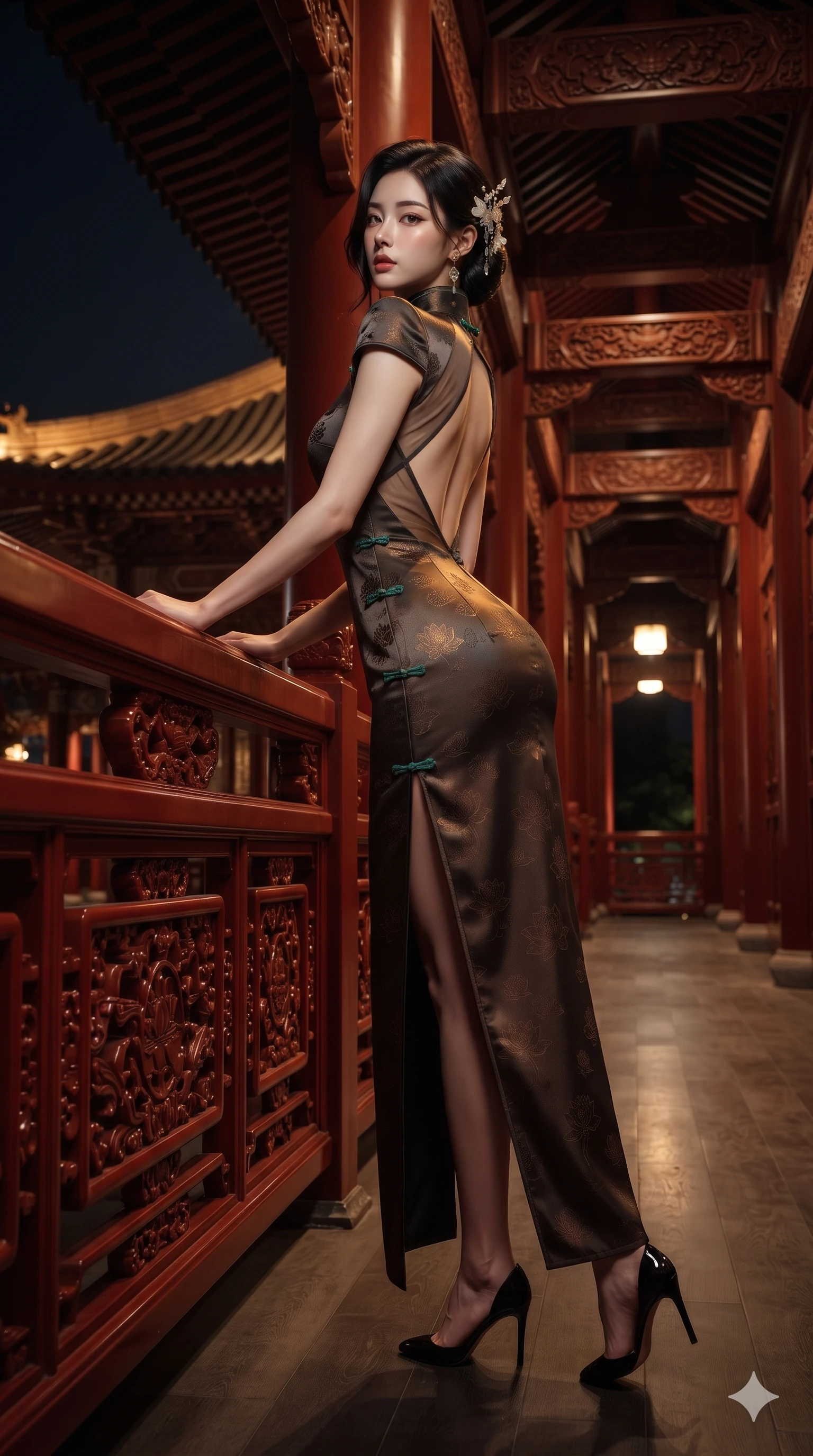 score_9, masterpiece, best quality, ultra-detailed, high-budget anime keyframe, editorial fashion photography, tasteful artistic composition, Korean woman. low angle full-body shot from head to toe showing her feet, filling the entire 9:16 vertical frame with her statuesque presence, stretching her vertical silhouette. leaning deep against the balcony balustrade with hips cocked back in an unapologetically alluring high-fashion stance, casting an intoxicating glance while walking slowly down the sweeping red lacquer veranda corridor as nocturnal breezes whip sheer silk curtains around her curves. The surrounding environment is rendered in vivid detail and crisp panoramic clarity: detailed backless silk halter leotard tailoring, norigae tassel accents, and royal pavilion architecture in razor-sharp precision. She has an absolutely perfect, statuesque 8.5-heads proportion, an exceptionally tall and slender model-like female figure with impossibly long slender legs, an ultra-slim waist, a flat toned midriff, narrow delicate ribcage, and beautifully sculpted feminine hips creating a graceful, slim hourglass silhouette without any bulky heaviness. sharp v-shaped jawline, high-bridge nose, sparkling eyes with hypnotic seductive depth, thick curled eyelashes, glossy parted lips with a natural dewy peach sheen, alluring bedroom-eyes with an enchanting coquettish smile, exuding magnetic siren charisma and sophisticated glamour, flawlessly proportioned anatomical accuracy, strict slender model proportions, natural body alignment, perfectly sculpted long slender limbs, ultra-slim waistline, clean dynamic posture without body distortion. wearing a refined high-collar fusion qipao evening column gown with structured shoulders and modest jade toggle clasps in smoked agarwood charcoal and warm honey amber, tailored from rich silk jacquard with subtle embossed lotus blossom patterns, finished with delicate mother-of-pearl hairpin ornaments glinting in her dark glossy hair, the bespoke structured tailoring following the natural line of her 8.5-heads silhouette with refined elegance. illuminated by timber floor bounce and sharp silver-vermilion rim lights defining her razor-sharp jawline, narrow waist, and curvy hips. ultra-reflective glossy finish, specular highlights, rich textural contrasts, high-contrast stereoscopic depth, volumetric dynamic lighting, 2k, ultra detail, master piece, 9:16 ratio