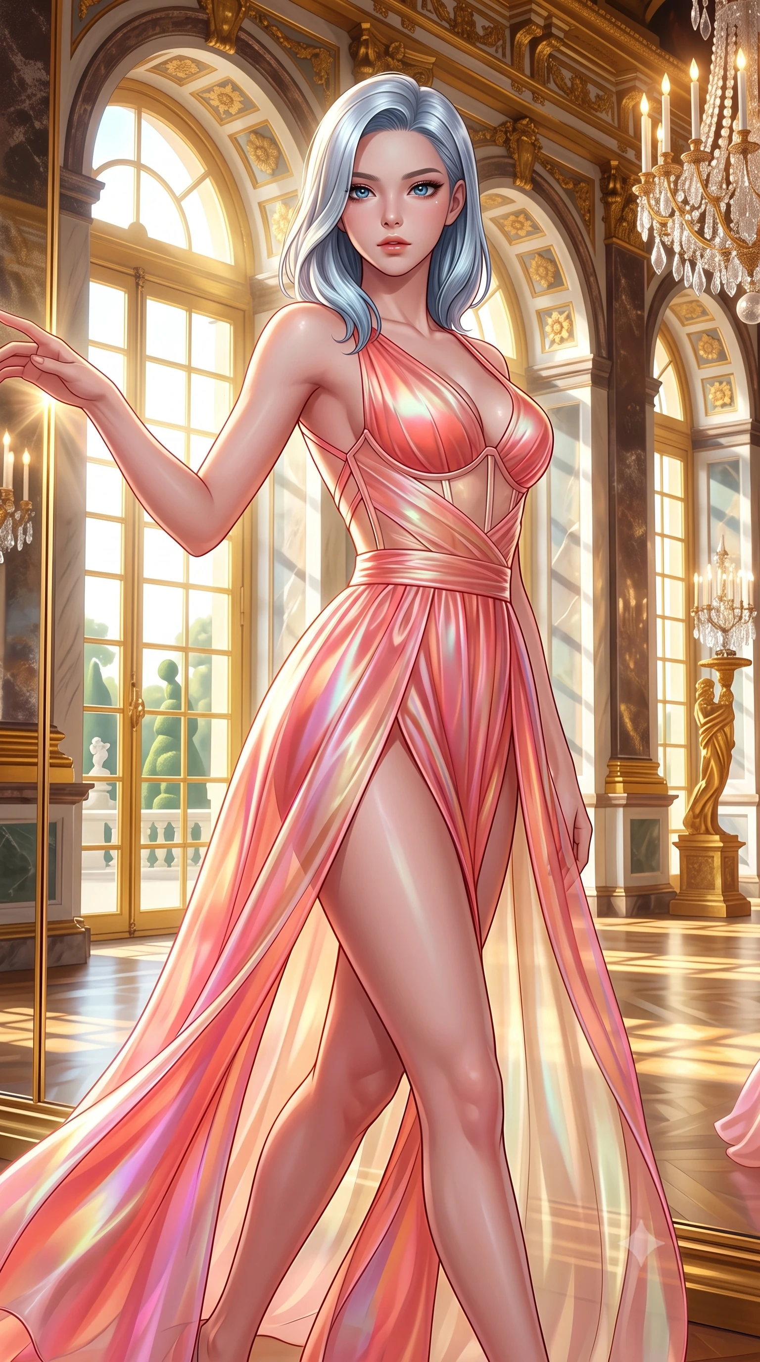 score_9, masterpiece, best quality, ultra-detailed, high-budget anime keyframe, semi-realistic 3D game render, editorial fashion photography, tasteful artistic composition, Korean woman. close-up cowboy shot from the waist and thighs up, the character dominates the composition, filling the frame with her large presence. extending one arm gracefully toward the light while her torso arches in a sleek, alluring curve with magnetic intensity while striding gracefully down the grand Versailles Hall of Mirrors as morning sunbeams reflect brilliantly off hundreds of gilded mirrors. The surrounding environment is rendered in vivid detail and crisp panoramic clarity. sharp mirror reflection edges, distant garden topiary sculptures, and high arched window frames in high resolution. She has an exceptionally elegant, slender, and willowy female figure with an ultra-slim waist, a gracefully sculpted slender torso, toned flat midriff, and a refined slim silhouette. sharp v-shaped jawline, high-bridge nose, intricate jewel-like eyes with depth, thick eyelashes, glossy lips with a natural sheen, flawlessly proportioned anatomical accuracy, strict slender model proportions, natural body alignment, perfectly sculpted long slender limbs, ultra-slim waistline, clean dynamic posture without body distortion. wearing a translucent iridescent organza wrap dress with structured bustier boning, plunging neckline, and high-cut dual leg slits in radiant coral pink and champagne ivory, made of smooth iridescent silk chiffon that shifts colors with movement, complemented by criss-cross back straps highlighting her completely bare spine, the precision-cut daring openings accentuating her delicate midriff, graceful bare collarbones, and ultra-slim feminine waistline. bathed in dazzling golden morning sunlight reflecting off crystal and gilded mirrors. highly saturated vibrant anime colors, detailed shading with soft gradients, rich glossy textures, high-contrast stereoscopic depth, volumetric dynamic lighting, master piece, 9:16 ratio