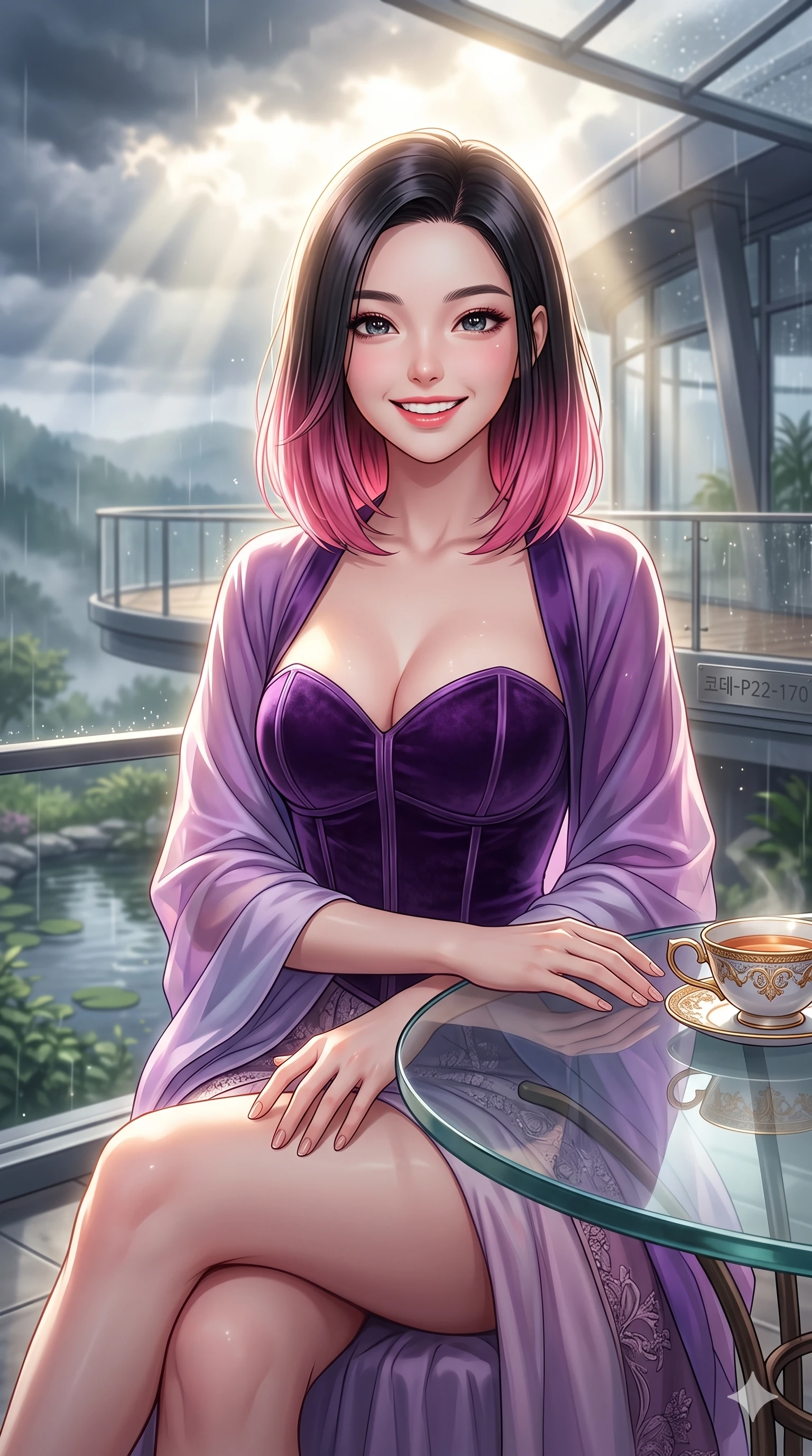 score_9, masterpiece, best quality, ultra-detailed, high-budget anime keyframe, vibrant anime aesthetic, Korean woman. close-up cowboy shot from the waist and thighs up, the character dominates the composition, filling the frame with her large presence, background elements kept in soft focus. She is sitting by a glass greenhouse table, smiling warmly at the camera, her eyes shining with genuine joy with a captivating and confident presence. the background shows a soft-focus floating observation deck of a nature center conservatory, overlooking a misty rainy valley (Code-P22-170). She has an absolutely perfect proportion, an exceptionally elegant and slender female figure with an ultra-slim waist. V-shaped jawline, high-bridge nose, intricate jewel-like eyes with depth, thick eyelashes, glossy lips with a natural sheen. wearing a structured velvet bodice with a sweetheart neckline combined with a delicate wrap in amethyst purple and silk overlays. She is bathed in brilliant midday sunbeams breaking through storm clouds, creating a glowing aura, creating a cinematic, high-budget anime lighting effect by the quiet garden pond. 2k, ultra detail, master piece, 9:16 ratio