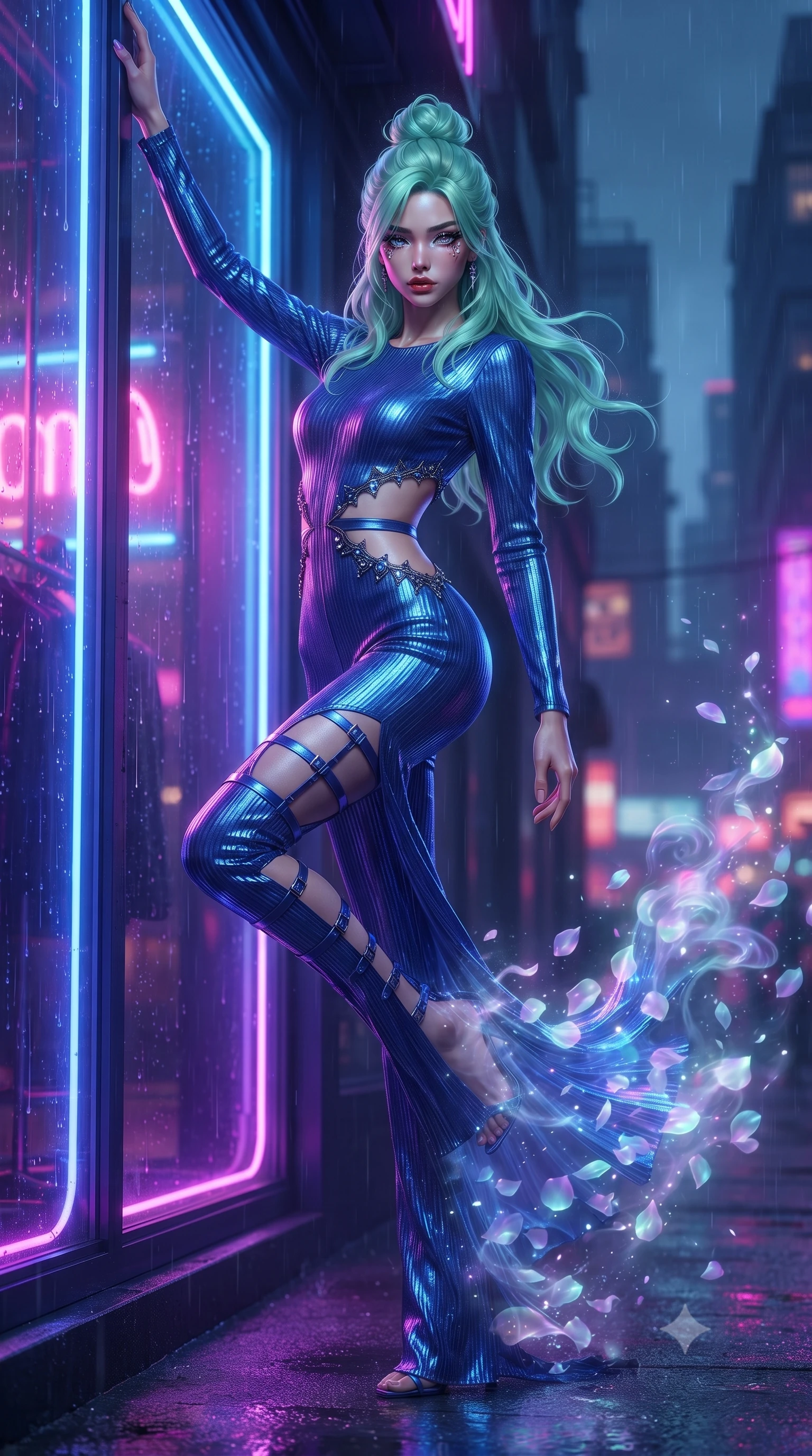 score_9, masterpiece, best quality, ultra-detailed, High-budget Anime Keyframe, editorial fashion photography, tasteful artistic composition, realistic cosplay photography, East Asian woman. Dynamic full-body shot stretching the vertical silhouette to the limit. Scenario 420: dissolving into a cloud of iridescent silk petals inside a glowing neon window at twilight with soft rain falling. Her presence is magnetic and overpowering in this high-budget cinematic scene. Outfit 420: a slim-fit cobalt blue shimmering chiffon catsuit with strategic waist cut-outs and slender leg straps. The clothing is designed to emphasize her exceptionally tall and slender 8-heads proportion. 8-heads proportion, towering silhouette, ultra-slim waist. sharp v-shaped jawline, intricate jewel-like eyes with depth, thick eyelashes, glossy lips. ultra-reflective glossy finish, specular highlights, metallic sheen, high-contrast stereoscopic depth, volumetric dynamic lighting, 2k, ultra detail, master piece, 9:16 ratio