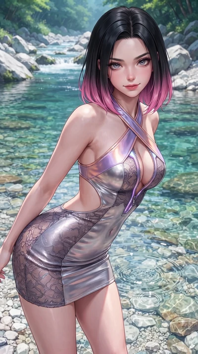 score_9, masterpiece, best quality, ultra-detailed, high-budget anime keyframe, editorial fashion photography, tasteful artistic composition, Korean woman. close-up cowboy shot from the waist and thighs up, the character dominates the composition, fi