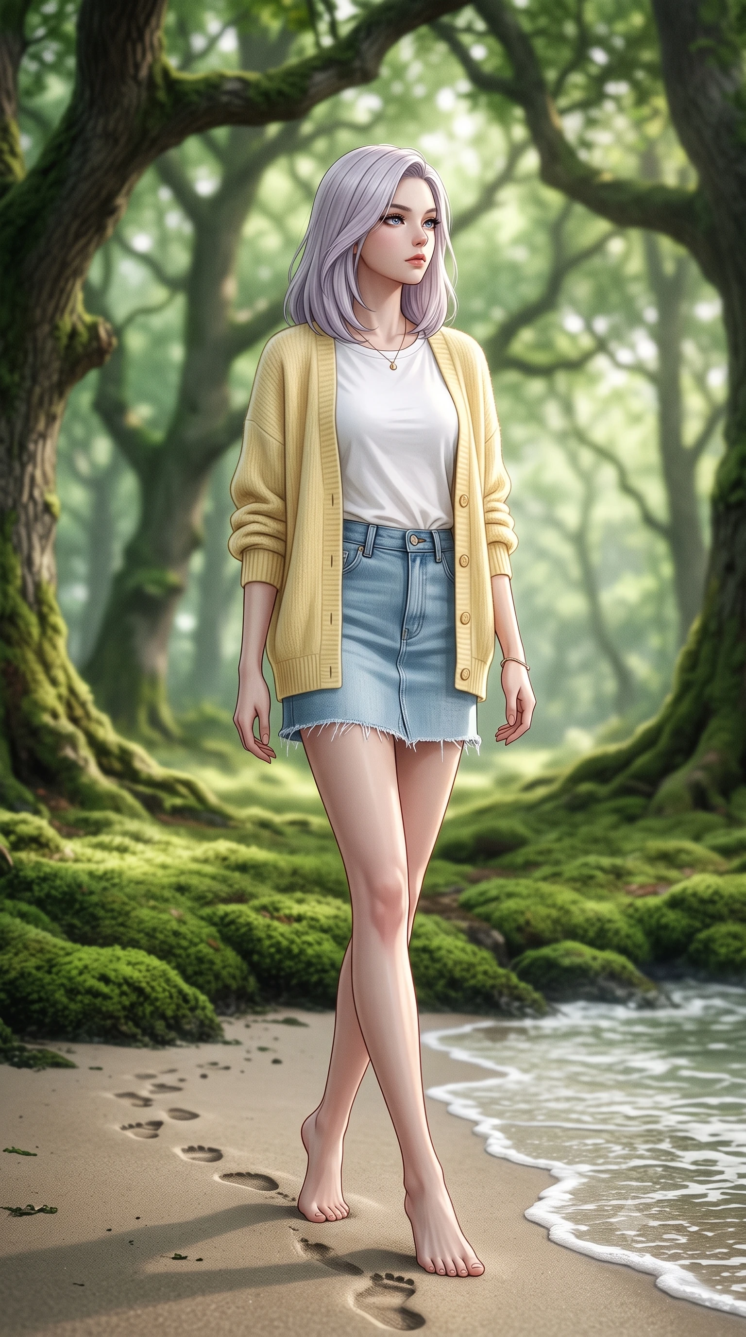 score_9, masterpiece, best quality, ultra-detailed, high-budget anime keyframe, editorial fashion photography, tasteful artistic composition, Caucasian woman woman. low angle full-body shot from head to toe showing her feet, filling the entire 9:16 vertical frame with her statuesque presence, stretching her vertical silhouette. walking slowly along the shoreline, leaving footprints in the wet sand the background shows a soft-focus a quiet glen covered in a thick carpet of emerald green moss, surrounded by old oak trees. She has an absolutely perfect, statuesque 8.5-heads proportion, an exceptionally tall and slender model-like female figure with impossibly long slender legs and an ultra-slim waist. sharp v-shaped jawline, high-bridge nose, intricate jewel-like eyes with depth, thick eyelashes, glossy lips with a natural sheen. wearing a tailored soft yellow cardigan over a white t-shirt and light blue denim skirt. soft diffused green light filtering through the dense canopy. 2k, ultra detail, master piece, 9:16 ratio