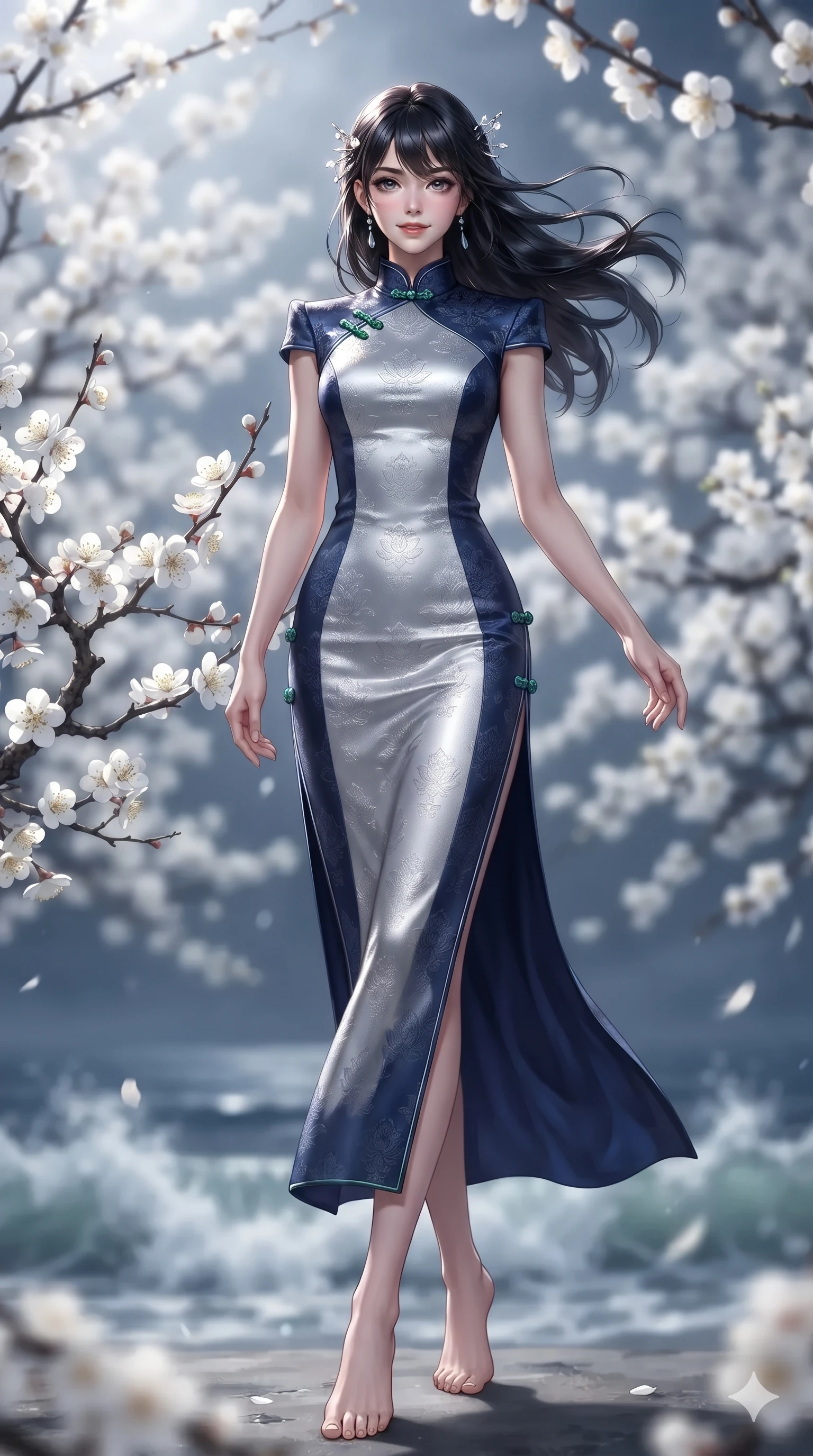 score_9, masterpiece, best quality, ultra-detailed, high-budget anime keyframe, editorial fashion photography, tasteful artistic composition, Caucasian woman. low angle full-body shot from head to toe showing her feet, filling the entire 9:16 vertical frame with her statuesque presence, stretching her vertical silhouette. stepping slowly toward the camera with hypnotic grace, hips swaying in an alluring sensual rhythm that accentuates her curvy hourglass silhouette and long slender legs while standing tall beside blooming white plum blossom branches, arching her spine with sovereign supermodel grace as sea breezes whip through her hair. The background shows a soft-focus cascading white plum blossoms, crashing ocean surf far below, and endless midnight sea horizon blurred into pure white, sapphire, and cobalt bokeh. She has an absolutely perfect, statuesque 8.5-heads proportion, an exceptionally tall and slender model-like female figure with impossibly long slender legs, an ultra-slim waist, a flat toned midriff, narrow delicate ribcage, and beautifully sculpted feminine hips creating a graceful, slim hourglass silhouette without any bulky heaviness. sharp v-shaped jawline, high-bridge nose, sparkling eyes with hypnotic seductive depth, thick curled eyelashes, glossy parted lips with a natural dewy peach sheen, alluring bedroom-eyes with an enchanting coquettish smile, exuding magnetic siren charisma and sophisticated glamour, flawlessly proportioned anatomical accuracy, strict slender model proportions, natural body alignment, perfectly sculpted long slender limbs, ultra-slim waistline, clean dynamic posture without body distortion. wearing a refined high-collar fusion qipao evening column gown with structured shoulders and modest jade toggle clasps in metallic liquid silver and deep sapphire navy, tailored from rich silk jacquard with subtle embossed lotus blossom patterns, finished with delicate mother-of-pearl hairpin ornaments glinting in her dark glossy hair, the bespoke structured tailoring following the natural line of her 8.5-heads silhouette with refined elegance. bathed in brilliant 4500K celestial moonlight washing across white plum blossoms and carved stone balustrades. ultra-reflective glossy finish, specular highlights, rich textural contrasts, high-contrast stereoscopic depth, volumetric dynamic lighting, 2k, ultra detail, master piece, 9:16 ratio