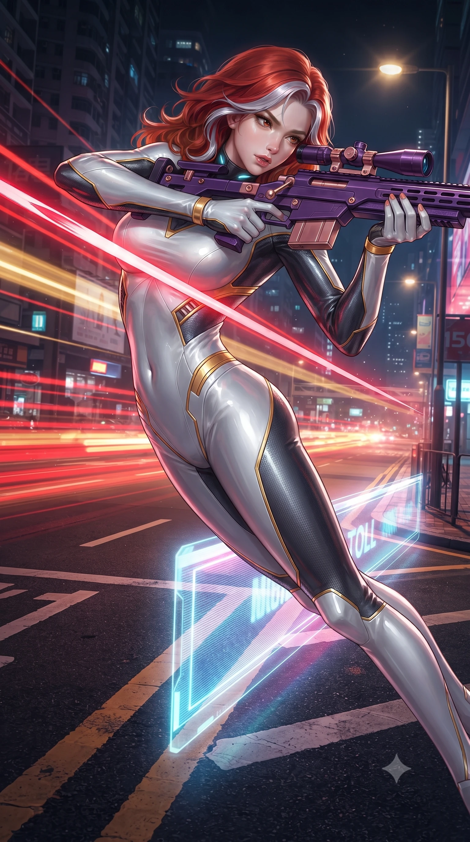 score_9, masterpiece, best quality, ultra-detailed, high-budget anime keyframe, editorial fashion photography, tasteful artistic composition, Caucasian woman. close-up cowboy shot from the waist and thighs up, the character dominates the composition, filling the frame with her large presence. twisting her upper body in a dynamic S-curve combat stance, one hand steadying her weapon with commanding supermodel allure while arching her spine in a fluid vault over a holographic toll barrier as crimson blade light traces her athletic torso. The surrounding environment is rendered in vivid detail and crisp panoramic clarity. razor-sharp glowing crimson blade edges, detailed carbon-weave armor textures, and asphalt markings in deep focus. She has an exceptionally elegant, slender, and willowy female figure with an ultra-slim waist, a gracefully sculpted slender torso, toned flat midriff, and a refined slim silhouette. sharp v-shaped jawline, high-bridge nose, intricate jewel-like eyes with depth, thick eyelashes, glossy lips with a natural sheen, flawlessly proportioned anatomical accuracy, strict slender model proportions, natural body alignment, perfectly sculpted long slender limbs, ultra-slim waistline, clean dynamic posture without body distortion. wearing a form-contouring arctic white carbon-composite battle-suit with solar gold trim and diagonal midriff vents, aiming a precision carbon-fiber railgun sniper rifle with divine focus in royal purple carbon fiber with rose-gold hardware and clasps, made of liquid carbon-jersey fabric adhering flawlessly to her sculpted silhouette, featuring a sleek aerodynamic collar framed by subtle glowing cybernetic status LEDs, the form-contouring material adhering flawlessly to her sculpted flat midriff and slender torso, emphasizing her long leg lines and perfectly proportioned willowy build. bathed in blazing neon crimson and golden traffic trail backlighting with crisp streetlamp fill. ultra-reflective glossy finish, specular highlights, dark metallic sheen, high-contrast stereoscopic depth, volumetric dynamic lighting, 2k, ultra detail, master piece, 9:16 ratio