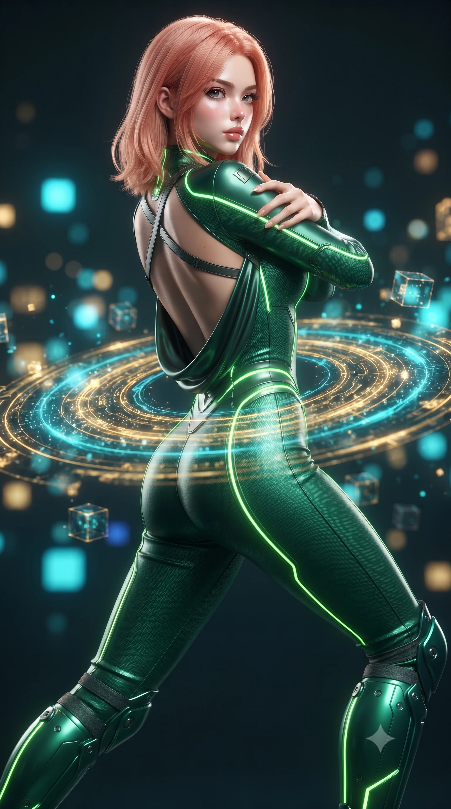 score_9, masterpiece, best quality, ultra-detailed, high-budget anime keyframe, editorial fashion photography, tasteful artistic composition, Japanese woman. close-up cowboy shot from the waist and thighs up, the character dominates the composition, filling the frame with her large presence. shifting into a low cat-stance with arms crossed defensively, glowing energy conduits tracing her ultra-slim waist and sculpted clavicle while arching her spine in a fluid zero-gravity back-arch as holographic data particles swirl in a golden mandala around her waist. The composition keeps background elements in soft focus with creamy bokeh. pulsing quantum grid lines and floating data cubes blurred into rich electric cyan, gold, and sapphire bokeh. She has an exceptionally elegant, slender, and willowy female figure with an ultra-slim waist, a gracefully sculpted slender torso, toned flat midriff, and a refined slim silhouette. sharp v-shaped jawline, high-bridge nose, intricate jewel-like eyes with depth, thick eyelashes, glossy lips with a natural sheen, flawlessly proportioned anatomical accuracy, strict slender model proportions, natural body alignment, perfectly sculpted long slender limbs, ultra-slim waistline, clean dynamic posture without body distortion. wearing a tailored emerald-green carbon-fiber tactical jumpsuit with glowing lime LED channels, open cowl back, and reinforced combat shin-guards in emerald green carbon composite with glowing lime laser channels, tailored from flexible second-skin carbon-mesh that clings flawlessly to her athletic curves, complemented by criss-cross back harness straps highlighting her completely bare spine, the glove-like aerodynamic second-skin fit tightly clinging to her ultra-slender waist and athletic curves without adding bulk, accentuating her razor-sharp statuesque lines and slim hourglass silhouette. surrounded by an omniscient, divine, and radiantly transcendent martial muse aura. ultra-reflective glossy finish, specular highlights, dark metallic sheen, high-contrast stereoscopic depth, volumetric dynamic lighting, 2k, ultra detail, master piece, 9:16 ratio