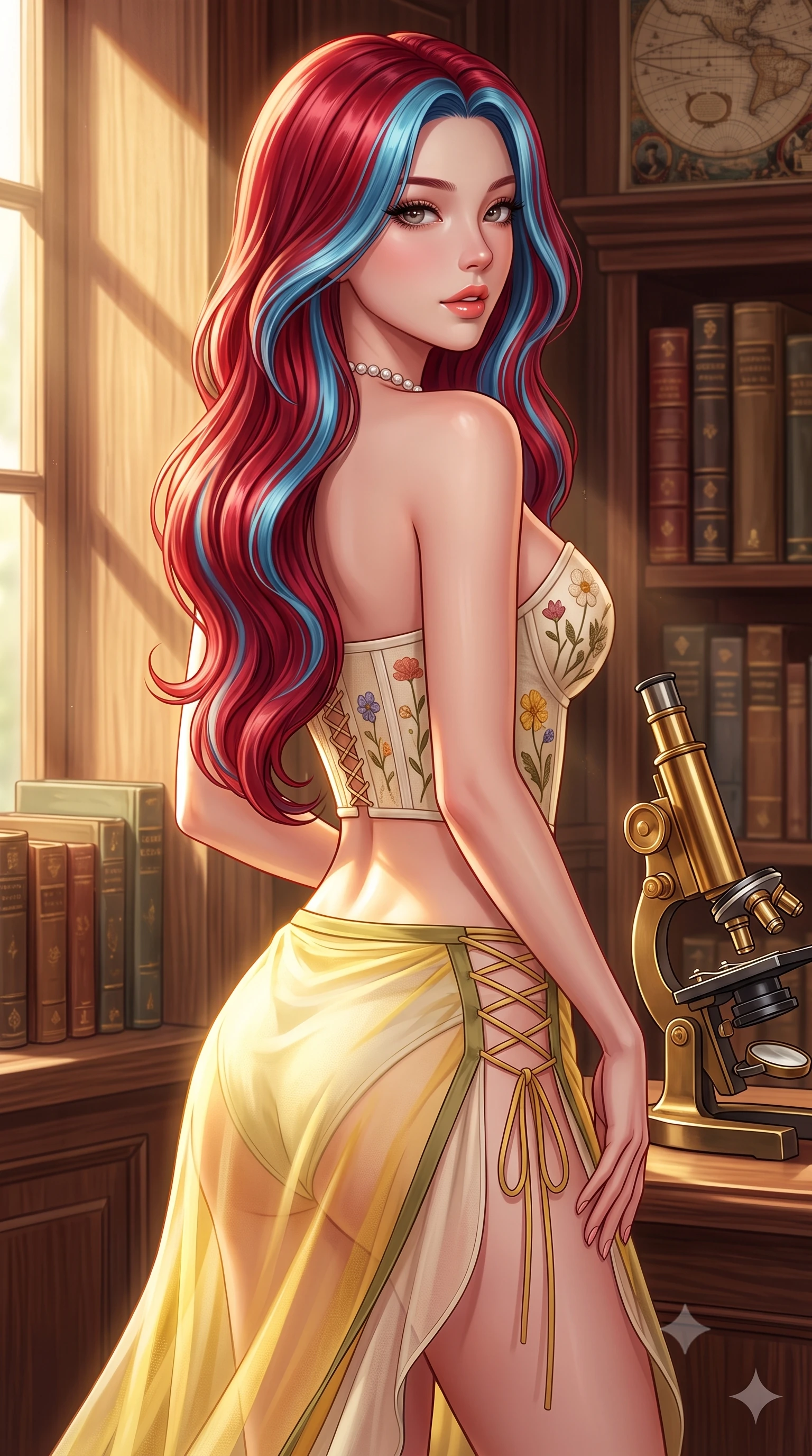 score_9, masterpiece, best quality, ultra-detailed, high-budget anime keyframe, semi-realistic 3D game render, editorial fashion photography, tasteful artistic composition, Caucasian woman. close-up cowboy shot from the waist and thighs up, the character dominates the composition, filling the frame with her large presence. posing in an alluring rear three-quarter angle, looking over a bare shoulder with parted glossy lips, her hips cocked back to highlight her slim hourglass curve while twisting her slender torso in an alluring S-curve beside the brass microscope, afternoon sunbeams illuminating her narrow waist and hips. The surrounding environment is rendered in vivid detail and crisp panoramic clarity: detailed sheer organza blouse drape, dainty pearl necklace shine, and historical library furnishings in high resolution. She has an exceptionally elegant, slender, and willowy female figure with an ultra-slim waist, flat toned midriff, narrow ribcage, and sculpted feminine hips creating an alluring, slim hourglass silhouette without bulk. sharp v-shaped jawline, high-bridge nose, sparkling eyes with hypnotic seductive depth, thick curled eyelashes, glossy parted lips with a natural dewy peach sheen, alluring bedroom-eyes with an enchanting coquettish smile, exuding magnetic siren charisma and sophisticated glamour, flawlessly proportioned anatomical accuracy, strict slender model proportions, natural body alignment, perfectly sculpted long slender limbs, ultra-slim waistline, clean dynamic posture without body distortion. wearing a plunging sweetheart-neckline boned corset top with pressed flower embroidery paired with a sheer organza wrap skirt in sunlit daisy yellow and gardenia cream with olive accents, tailored from fine breathable linen with soft natural texture and elegant drape, featuring fine criss-cross lace-up side ties revealing tantalizing glimpses of her hip curve, the glove-like clinging cut tightly following the natural contour of her hips and long slender legs with youthful 8.5-heads elegance. illuminated by parchment reflection fill and sharp warm-amber rim lights defining her delicate clavicles, narrow waist, and curvy hips. highly saturated vibrant anime colors, detailed shading with soft gradients, rich glossy textures, high-contrast stereoscopic depth, volumetric dynamic lighting, master piece, 9:16 ratio