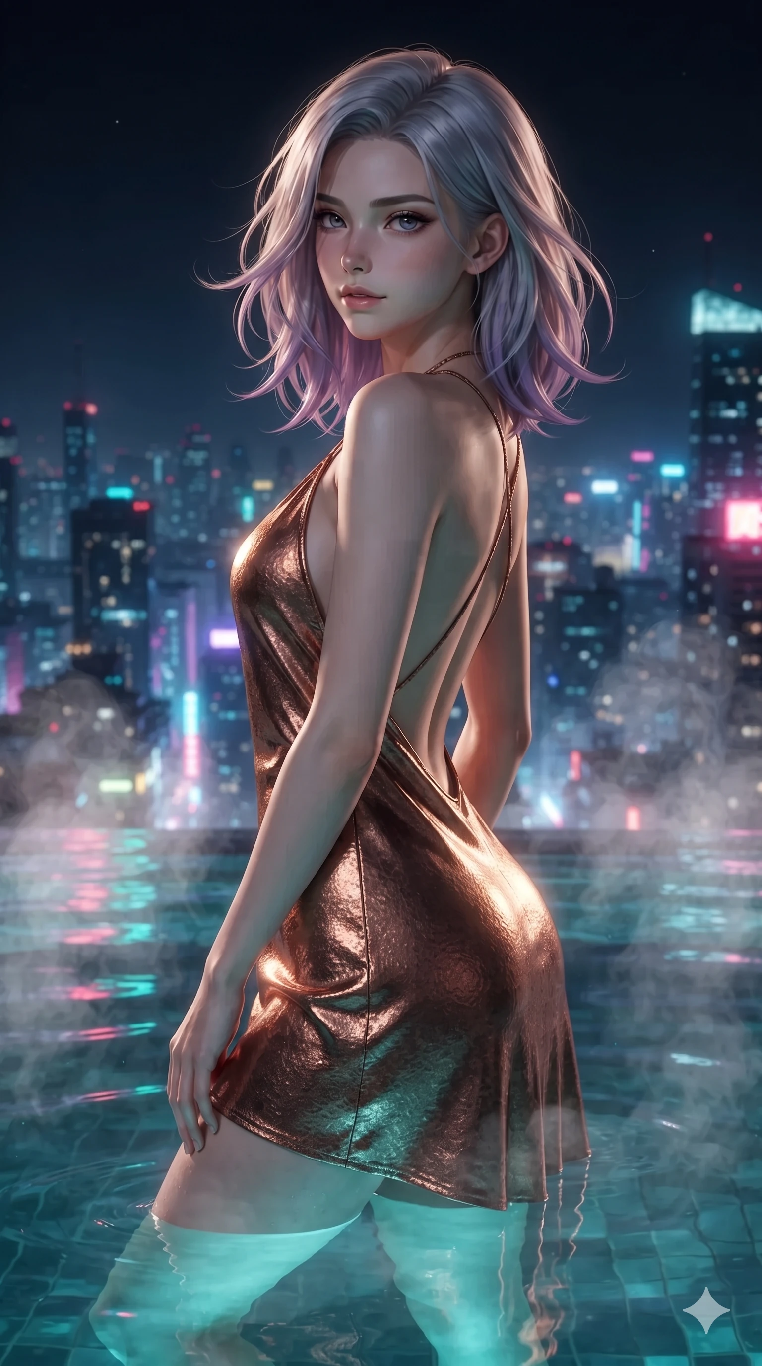 score_9, masterpiece, best quality, ultra-detailed, high-budget anime keyframe, editorial fashion photography, tasteful artistic composition, Caucasian woman. close-up cowboy shot from the waist and thighs up, the character dominates the composition, filling the frame with her large presence. twisting her slender torso in a deep contrapposto stance, hips dramatically shifted to accentuate her feminine curves while looking past her shoulder with smoldering bedroom-eyes while standing poised ankle-deep in the steaming mineral water at the edge of the infinity pool, arching her lower back with sovereign supermodel grace overlooking the neon metropolis. The background shows a soft-focus mineral steam haze softened in rooftop geothermal pool shallow focus. She has an exceptionally elegant, slender, and willowy female figure with an ultra-slim waist, flat toned midriff, narrow ribcage, and sculpted feminine hips creating an alluring, slim hourglass silhouette without bulk. sharp v-shaped jawline, high-bridge nose, intricate jewel-like sparkling eyes with depth, thick eyelashes, glossy parted lips with a natural sheen, intensely captivating and seductive bedroom-eyes expression, exuding both youthful cute charm and sovereign luxury allure, flawlessly proportioned anatomical accuracy, strict slender model proportions, natural body alignment, perfectly sculpted long slender limbs, ultra-slim waistline, clean dynamic posture without body distortion. wearing an alluring backless metallic lamé halterneck mini dress with deep scoop back down to her lower spine and thigh-high slit in rich copper bronze and warm amber, woven from high-density tech-wool with subtle metallic thread weave, accented with a chrome-drop body harness subtly framing her dewy collarbones and spine, the impeccably tailored cut draping gracefully along her slender figure with aristocratic poise. bathed in the radiant underwater turquoise glow of the thermal pool mixed with ambient city neon from the surrounding skyline. ultra-reflective glossy finish, specular highlights, rich textural contrasts, high-contrast stereoscopic depth, volumetric dynamic lighting, 2k, ultra detail, master piece, 9:16 ratio