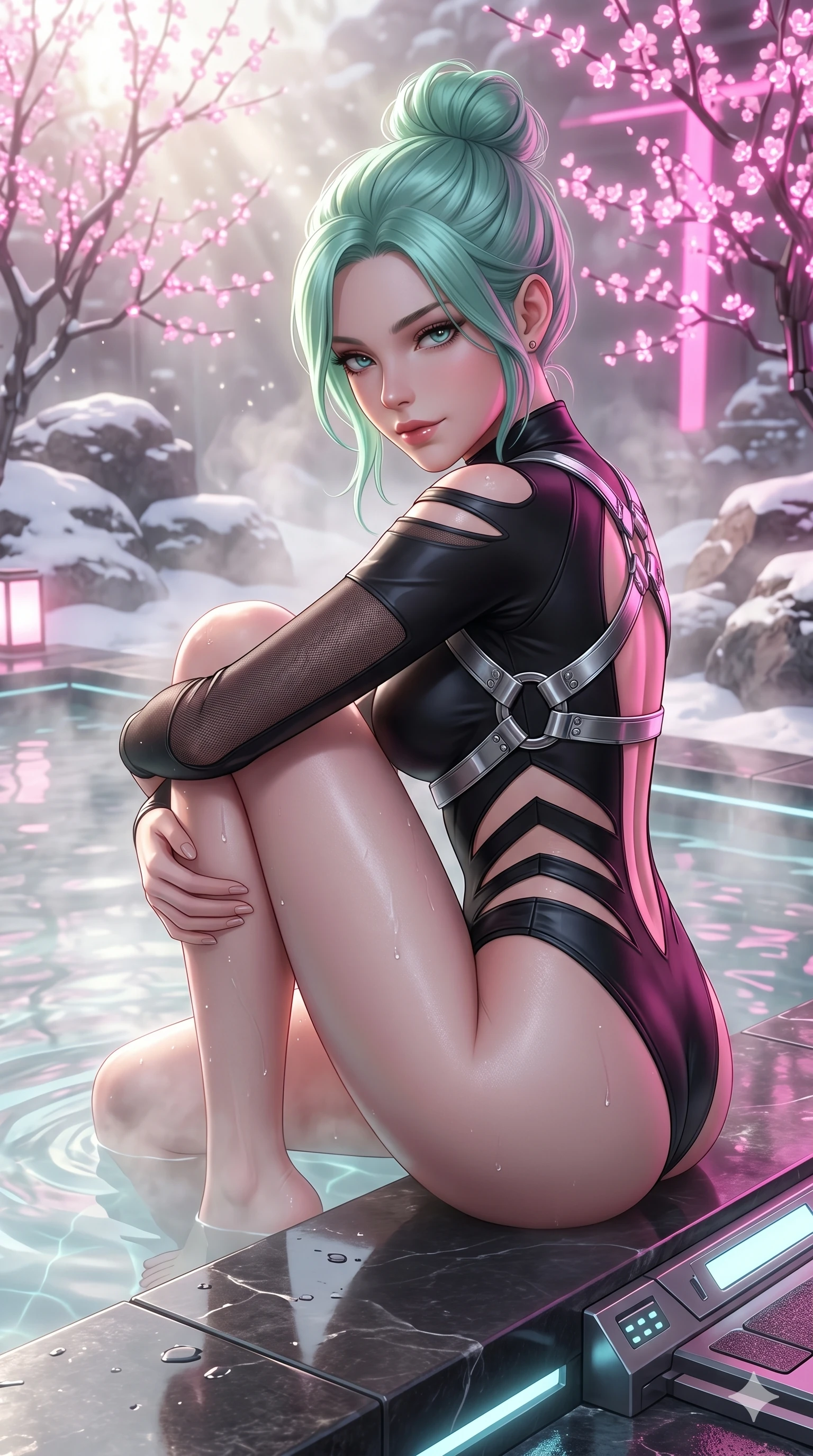 score_9, masterpiece, best quality, ultra-detailed, high-budget anime keyframe, semi-realistic 3D game render, Japanese woman. Upper body close-up from the thighs up, character filling the screen for maximum presence. She is relaxing in a futuristic geothermal hot spring surrounded by snow and neon cherry trees. She wraps her arms around her knees, looking over her shoulder with bedroom eyes. She has an absolutely perfect 8-heads proportion, an exceptionally tall and slender female figure with impossibly long slender legs and an ultra-slim waist. V-shaped jawline, high-bridge nose, intricate jewel-like eyes with depth, thick eyelashes, glossy lips with a natural sheen. She is wearing an ultra-sleek high-cut tech-bodysuit featuring dangerous diagonal slitted cutouts on the midriff and shoulders, reinforced by a metallic silver harness and sheer mesh sleeves. The scene is bathed in soft morning sun filtering through dense steam and a sharp pink neon key light. 2k, ultra detail, master piece, 9:16 ratio