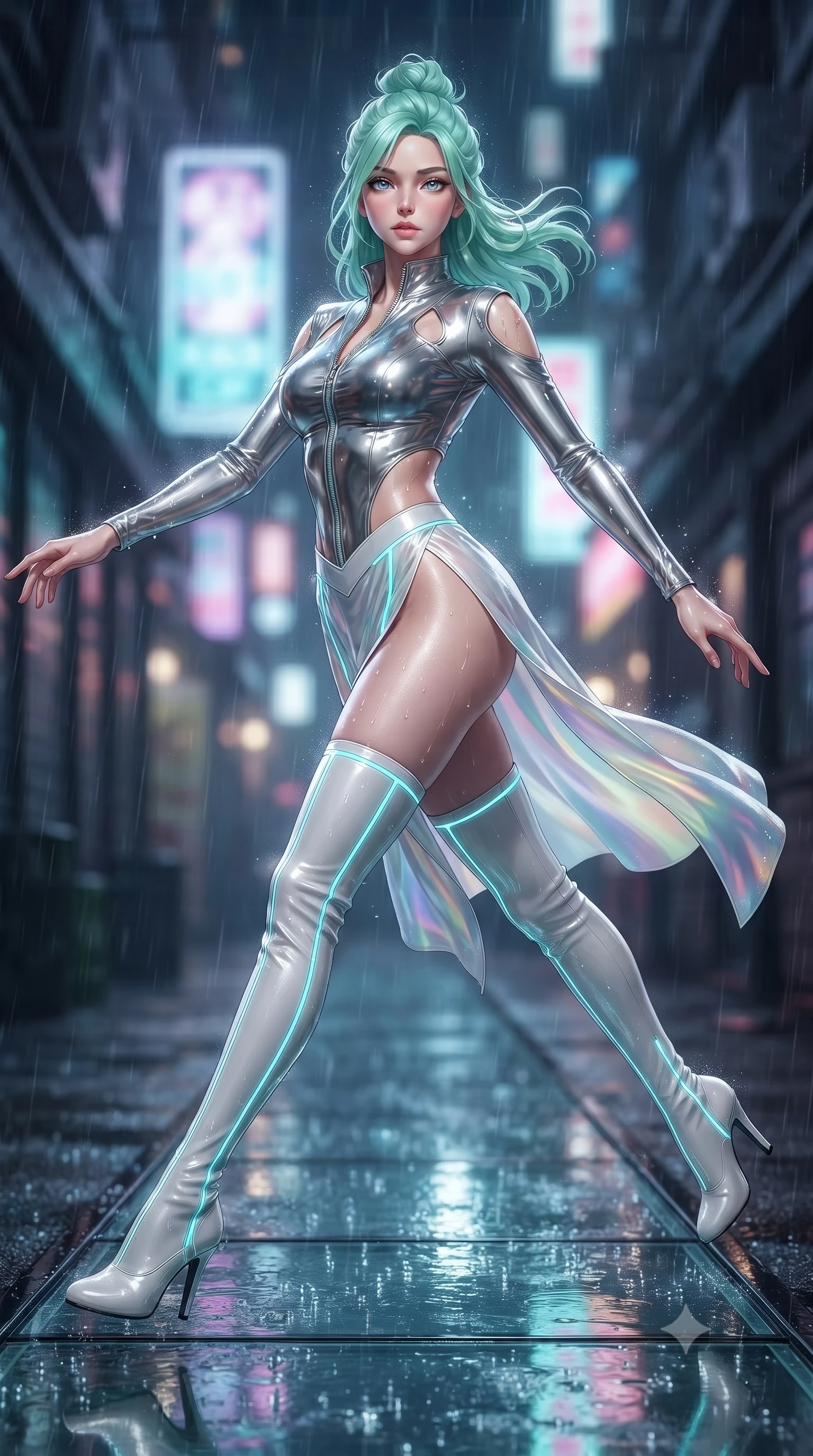 score_9, masterpiece, best quality, ultra-detailed, high-budget anime keyframe, editorial fashion photography, tasteful artistic composition, Japanese woman. low angle full-body shot from head to toe showing her feet, filling the entire 9:16 vertical frame with her statuesque presence, stretching her vertical silhouette. leaping through mid-air with an athletic yet alluring arch of her spine, her impossibly long slender legs stretched in flawless poise while striding commanding down a glossy wet glass runway in a rain-drenched cyberpunk alley. The composition keeps background elements in soft focus with creamy bokeh. wet asphalt reflections and glowing holographic signs softened by shallow depth of field. She has an absolutely perfect, statuesque 8.5-heads proportion, an exceptionally tall and slender model-like female figure with impossibly long slender legs and an ultra-slim waist. sharp v-shaped jawline, high-bridge nose, intricate jewel-like eyes with depth, thick eyelashes, glossy lips with a natural sheen, flawlessly proportioned anatomical accuracy, natural body alignment, perfectly sculpted elegant limbs, clean dynamic posture without body distortion. wearing a form-fitting top made of molten liquid-mercury fabric that clings to her curves, with strategic tear-drop shoulder cutouts and a dangerously unzipped front collar in pure snow white latex and glowing cyan circuit seams, made of smooth iridescent silk chiffon that shifts colors with movement, finished with an ultra-high side slit secured by miniature magnetic clasps, the daring cutouts accentuating her delicate midriff, graceful collarbones, and feminine contour. illuminated by glistening rain highlights and high-contrast editorial flash lighting. ultra-reflective glossy finish, specular highlights, metallic sheen, high-contrast stereoscopic depth, volumetric dynamic lighting, 2k, ultra detail, master piece, 9:16 ratio