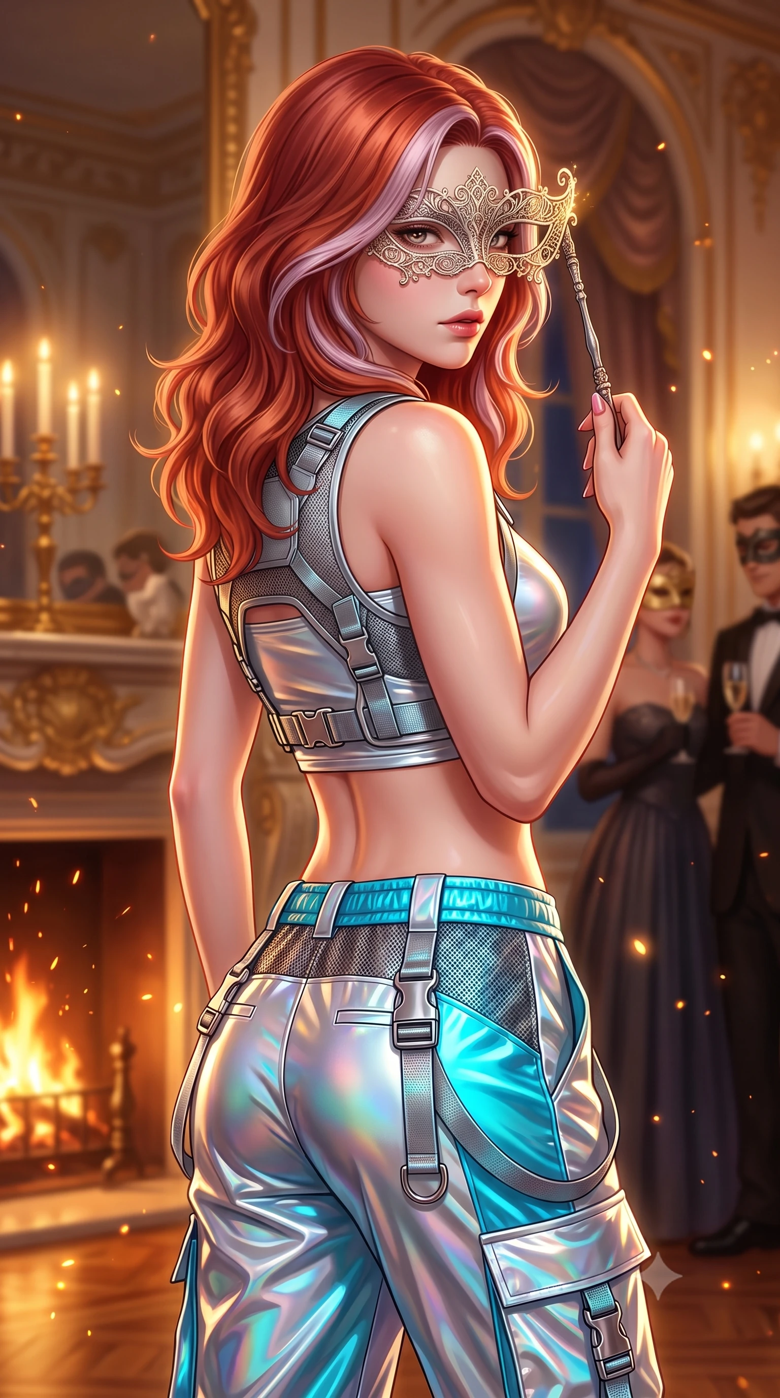 score_9, masterpiece, best quality, ultra-detailed, high-budget anime keyframe, semi-realistic 3D game render, editorial fashion photography, tasteful artistic composition, Caucasian woman. close-up cowboy shot from the waist and thighs up, the character dominates the composition, filling the frame with her large presence. turning over her shoulder with an indomitable, smoldering gaze, her soft hair framing her razor-sharp v-shaped jawline while attending a lavish masquerade ball in an opulent baroque mansion, holding an intricate filigree lace mask to her captivating eyes. The composition keeps background elements in soft focus with creamy bokeh. flickering fireplace sparks and gold leaf mask reflections scattering warm radiant light motes. She has an exceptionally elegant, slender, and willowy female figure with an ultra-slim waist, a gracefully sculpted slender torso, toned flat midriff, and a refined slim silhouette. sharp v-shaped jawline, high-bridge nose, intricate jewel-like eyes with depth, thick eyelashes, glossy lips with a natural sheen, captivating and magnetic expression, flawlessly proportioned anatomical accuracy, strict slender model proportions, natural body alignment, perfectly sculpted long slender limbs, ultra-slim waistline, clean dynamic posture without body distortion. wearing a futuristic cropped tech-harness vest worn over a silver reflective tube top and high-rise metallic parachute cargo pants in holographic silver and electric cyan, crafted from high-gloss metallic ripstop nylon and flexible carbon mesh, detailed with heavy-duty chrome quick-release buckles and D-ring straps, the liquid-tight tailored fabric emphasizing every curve of her tall, slender model proportions and sculptured silhouette during dynamic movement. bathed in romantic warm candelabra glow and dramatic fireplace ember uplights. highly saturated vibrant anime colors, detailed shading with soft gradients, rich glossy textures, high-contrast stereoscopic depth, volumetric dynamic lighting, master piece, 9:16 ratio