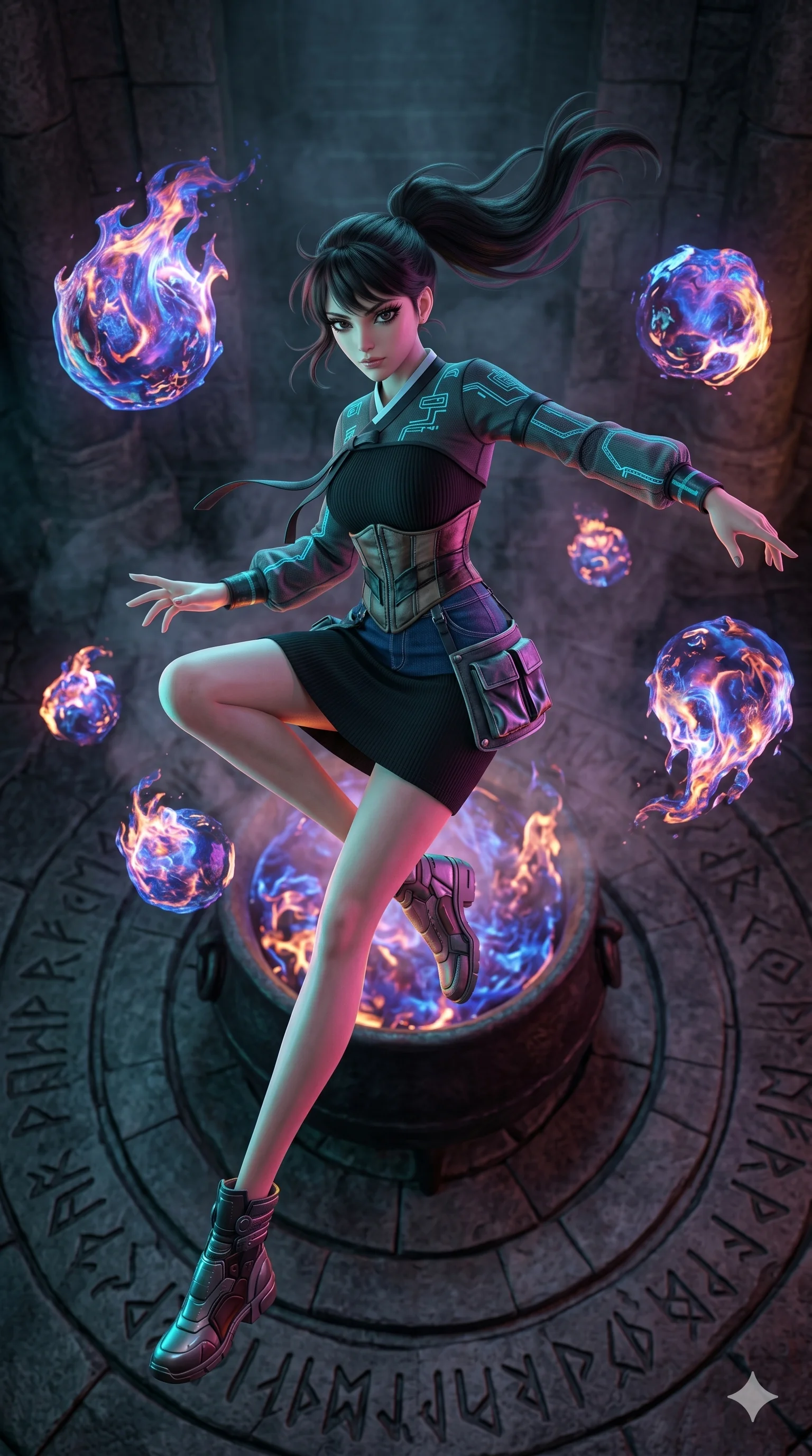 score_9, masterpiece, best quality, ultra-detailed, photorealistic 8k CG, hyper-detailed textures, ray-tracing, Caucasian (strictly human ears) woman. Extreme high angle shot as she leaps towards the camera, filling the frame. manipulating floating orbs of liquid fire in a dark ritual chamber. She has an absolutely perfect 8-heads proportion, an exceptionally tall and slender female figure with graceful and slender proportions. strictly human anatomy, two legs only, no extra limbs, clearly defined legs and arms, perfect anatomy, perfect hands and fingers. sharp v-shaped jawline, high-bridge nose, intricate jewel-like eyes, thick eyelashes, glossy lips. Wearing Urban Trendsetter: Ribbed bodycon dress, crop top with high-waist denim, and elegant corset with cargo pants. The scene is illuminated by dramatic atmospheric lighting and vibrant color palettes. , 2k, ultra detail, master piece, 9:16 ratio