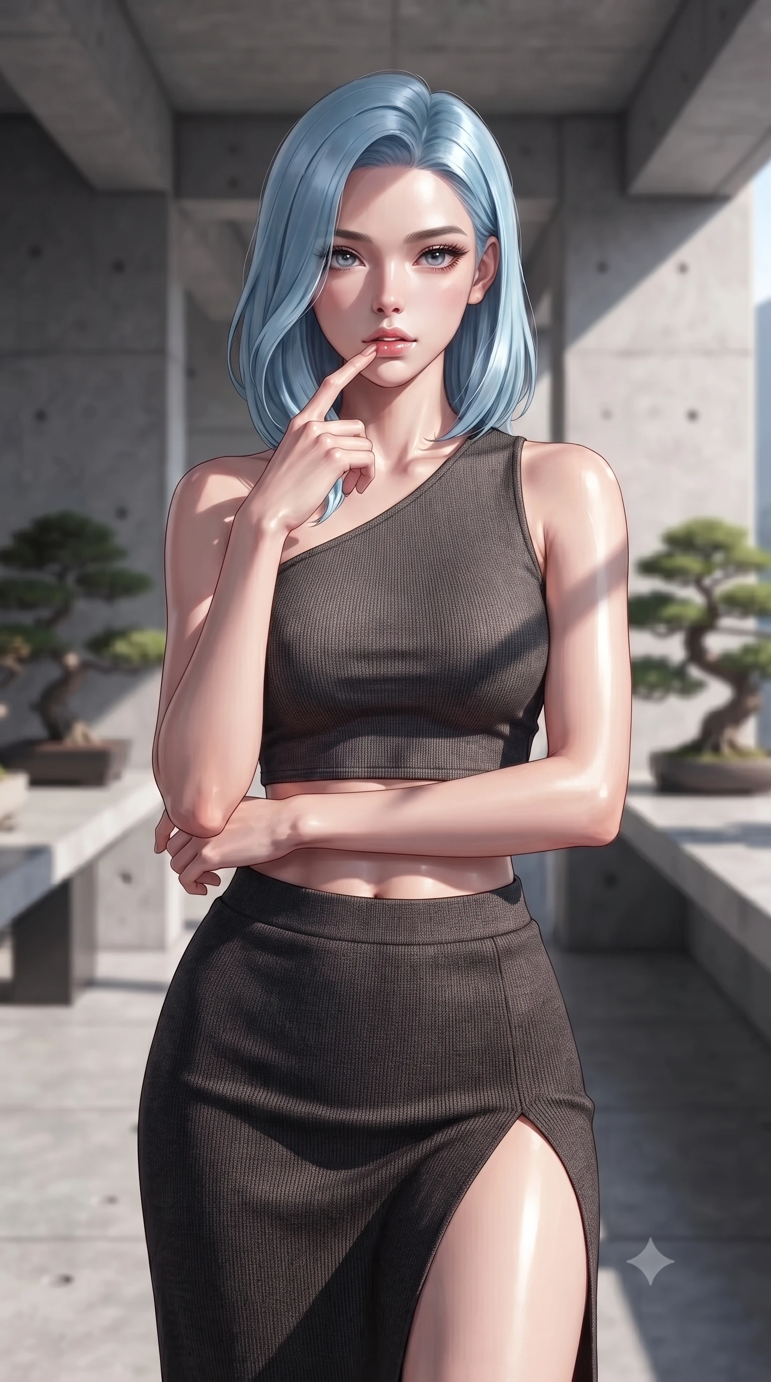 score_9, masterpiece, best quality, ultra-detailed, high-budget anime keyframe, editorial fashion photography, tasteful artistic composition, Korean woman. close-up cowboy shot from the waist and thighs up, the character dominates the composition, filling the frame with her large presence, background elements kept in soft focus. pressing one finger to her bottom lip in a thoughtful, seductive gesture under the warm sun the background shows a soft-focus a modern rail observation deck with minimalist concrete details and bonsai plants. She has an exceptionally elegant, slender, and willowy female figure with an ultra-slim waist, a gracefully sculpted slender torso, and a refined silhouette. sharp v-shaped jawline, high-bridge nose, intricate jewel-like eyes with depth, thick eyelashes, glossy lips with a natural sheen. wearing a tailored asymmetric one-shoulder crop top in charcoal knit, paired with a high-slit skirt. sharp afternoon sunbeams casting clean, structured shadows across her pose. ultra-reflective glossy finish, specular highlights, metallic sheen, high-contrast stereoscopic depth, volumetric dynamic lighting, 2k, ultra detail, master piece, 9:16 ratio