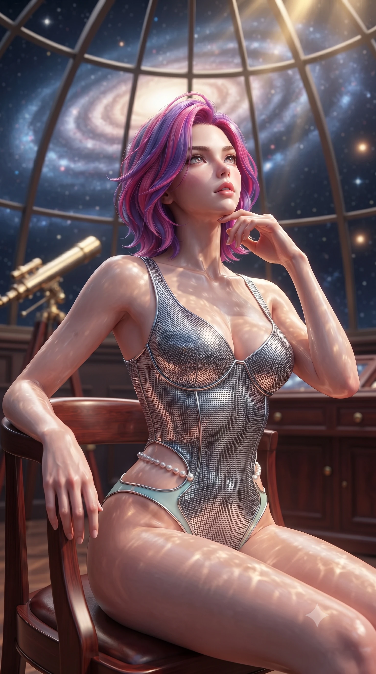 score_9, masterpiece, best quality, ultra-detailed, high-budget anime keyframe, editorial fashion photography, tasteful artistic composition, Caucasian woman. close-up cowboy shot from the waist and thighs up, the character dominates the composition, filling the frame with her large presence, background elements kept in soft focus. Tilting her chin up slightly with lips parted in a composed, magnetic expression, inside a high-altitude glass dome observatory looking out at a swirling spiral galaxy, polished brass telescope and mahogany furniture glinting under key light. She has an exceptionally elegant, slender, and willowy female figure with an ultra-slim waist, a gracefully sculpted slender torso, and a refined silhouette. sharp v-shaped jawline, high-bridge nose, intricate jewel-like eyes with depth, thick eyelashes, glossy lips with a natural sheen. wearing sculpted structured cup bodysuit in liquid silver metal-mesh with hip cutouts in pale opal seafoam, made of fine silver contouring mesh, adorned with minimalist pearl hardware framing the waistline, highlighting her statuesque proportions and ultra-slim waistline. lit by bright golden key rays piercing through glass dome panes. highly saturated vibrant anime colors, detailed shading with soft gradients, rich glossy textures, high-contrast stereoscopic depth, volumetric dynamic lighting, master piece, 9:16 ratio