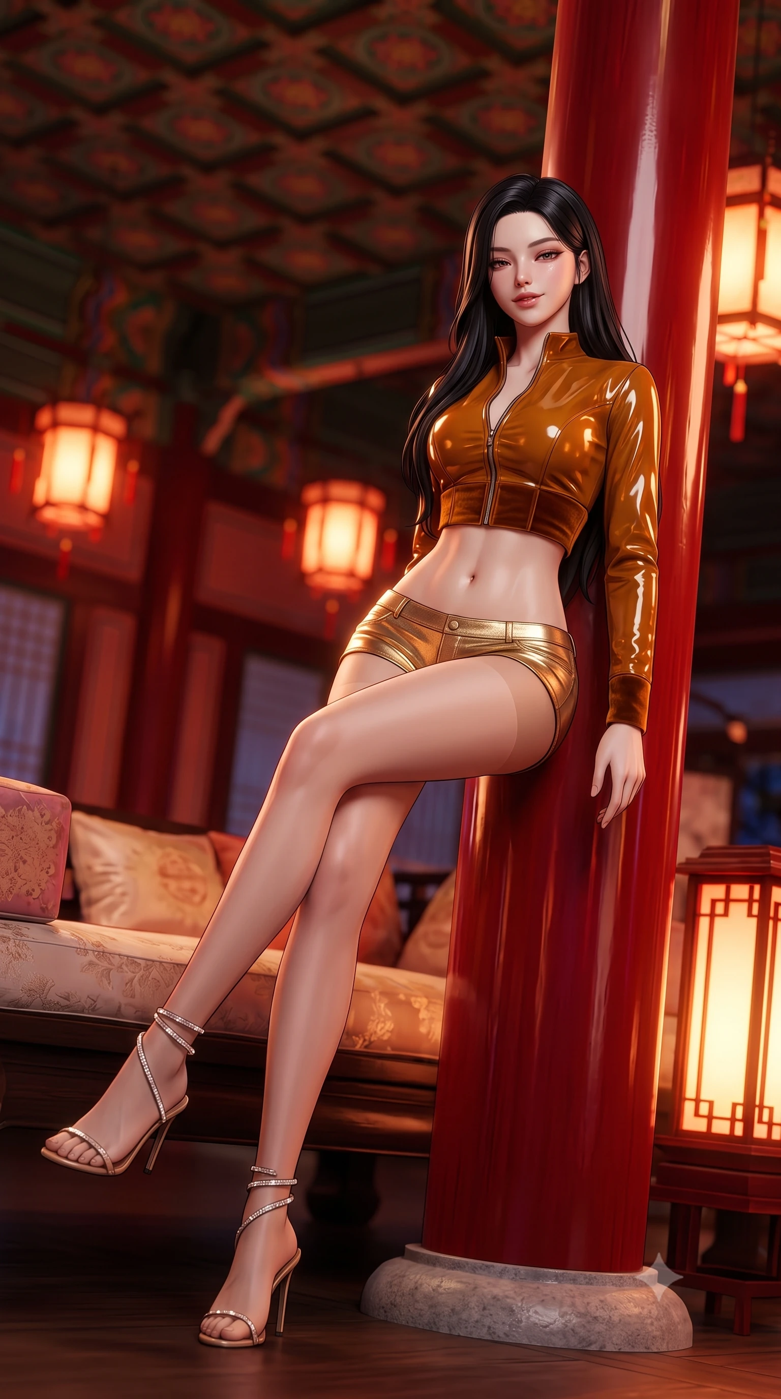 score_9, masterpiece, best quality, ultra-detailed, high-budget anime keyframe, semi-realistic 3D game render, editorial fashion photography, tasteful artistic composition, Korean woman. low angle full-body shot from head to toe showing her feet, filling the entire 9:16 vertical frame with her statuesque presence, stretching her vertical silhouette. lounging on the lavish daybed with legs crossed and hips angled toward the camera, displaying her toned midriff and long slender limbs with effortless siren poise while leaning back against a polished red lacquer pillar with hips cocked back, casting a smoldering, heavy-lidded smile with glossy lips. The background shows a soft-focus ornate dancheong ceiling patterns softened in grand palace night shallow focus. She has an absolutely perfect, statuesque 8.5-heads proportion, an exceptionally tall and slender model-like female figure with impossibly long slender legs, an ultra-slim waist, a flat toned midriff, narrow delicate ribcage, and beautifully sculpted feminine hips creating a graceful, slim hourglass silhouette without any bulky heaviness. sharp v-shaped jawline, high-bridge nose, sparkling eyes with hypnotic seductive depth, thick curled eyelashes, glossy parted lips with a natural dewy peach sheen, alluring bedroom-eyes with an enchanting coquettish smile, exuding magnetic siren charisma and sophisticated glamour, flawlessly proportioned anatomical accuracy, strict slender model proportions, natural body alignment, perfectly sculpted long slender limbs, ultra-slim waistline, clean dynamic posture without body distortion. wearing a form-fitting zip-front wet-look vinyl bolero jacket paired with low-rise metallic hot-pants and sheer stockings in warm amber honey and antique gold leaf, tailored from ultra-plush velvet with rich tactile depth and deep shadow gradients, complemented by strappy stiletto sandals with crystal ankle wraps accentuating her slender calves, the second-skin tailored fabric adhering flawlessly to her sculpted flat midriff and slender torso, emphasizing her long leg lines and perfectly proportioned willowy build. bathed in the warm crimson-and-amber glow of ceremonial palace lanterns. highly saturated vibrant anime colors, detailed shading with soft gradients, rich glossy textures, high-contrast stereoscopic depth, volumetric dynamic lighting, master piece, 9:16 ratio
