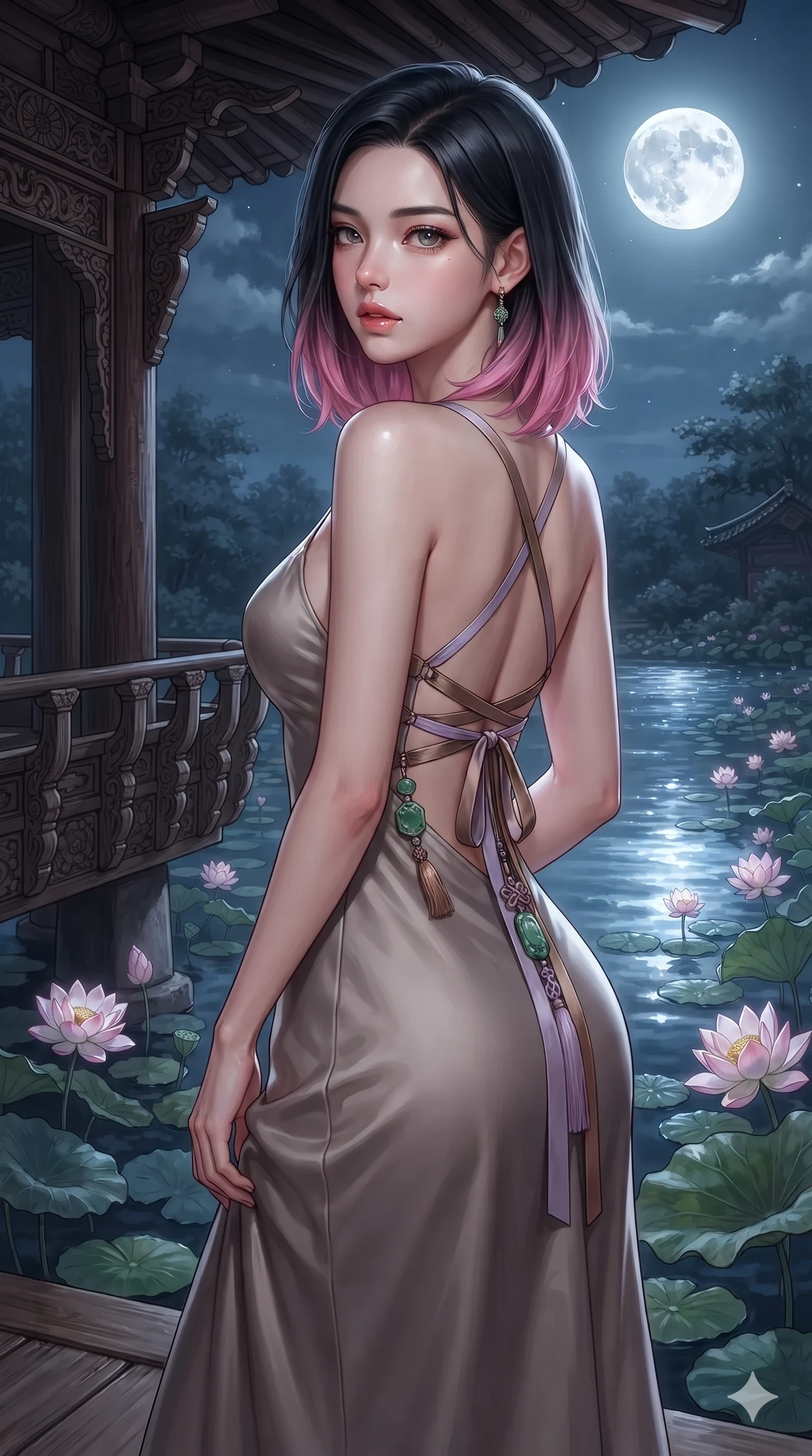 score_9, masterpiece, best quality, ultra-detailed, high-budget anime keyframe, editorial fashion photography, tasteful artistic composition, Korean woman. close-up cowboy shot from the waist and thighs up, the character dominates the composition, filling the frame with her large presence. posing in an alluring rear three-quarter angle, looking over a bare shoulder with parted glossy lips, her hips cocked back to highlight her slim hourglass curve while standing poised at the edge of the open-air pavilion, looking out over the blooming lotus blossoms with sleepy, seductive bedroom-eyes. The surrounding environment is rendered in vivid detail and crisp panoramic clarity: sharp carved wood grain texture, water ripple reflections of the full moon, and crisp lotus leaf veins in deep focus. She has an exceptionally elegant, slender, and willowy female figure with an ultra-slim waist, flat toned midriff, narrow ribcage, and sculpted feminine hips creating an alluring, slim hourglass silhouette without bulk. sharp v-shaped jawline, high-bridge nose, sparkling eyes with hypnotic seductive depth, thick curled eyelashes, glossy parted lips with a natural dewy peach sheen, alluring bedroom-eyes with an enchanting coquettish smile, exuding magnetic siren charisma and sophisticated glamour, flawlessly proportioned anatomical accuracy, strict slender model proportions, natural body alignment, perfectly sculpted long slender limbs, ultra-slim waistline, clean dynamic posture without body distortion. wearing a slinky deep sweetheart-neckline silk slip gown with criss-cross back otgoreum ribbon ties in vintage bronze patina and pale wisteria lilac, tailored from heavy double-faced silk faille with an exceptionally fluid drape, finished with authentic carved jade pendants and traditional norigae knots, the form-contouring silhouette accentuating her sculpted flat midriff, narrow delicate ribcage, and gracefully curvy hips with intoxicating allure. bathed in pure silver moonlight cascading directly from the harvest full moon above. ultra-reflective glossy finish, specular highlights, rich textural contrasts, high-contrast stereoscopic depth, volumetric dynamic lighting, 2k, ultra detail, master piece, 9:16 ratio