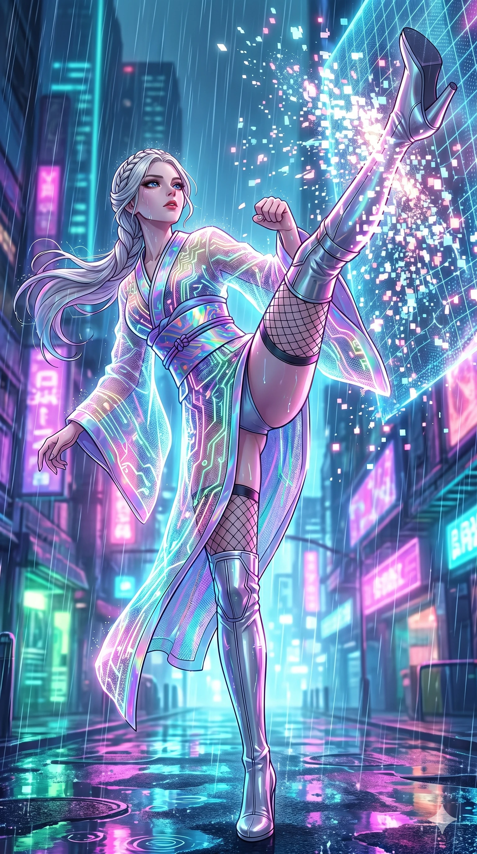 score_9, masterpiece, best quality, ultra-detailed, High-budget Anime Keyframe, vibrant colors, fluid line-art, expressive lighting, cinematic composition, Ufotable-style visual effects, top-tier animation quality, Korean woman with idol-like refined features. Low angle cowboy shot filling the entire 9:16 frame with her statuesque presence, looking up to emphasize her height. Kicking through a high-security holographic barrier, the digital mesh shattering into thousands of glowing pixels. She has an absolutely perfect 8-heads proportion, an exceptionally tall and slender female figure with impossibly long slender legs and an ultra-slim waist, her statuesque height and towering silhouette dominating the vertical 9:16 frame. Her face is a masterpiece featuring a sharp v-shaped jawline, high-bridge nose, intricate jewel-like eyes with depth, thick eyelashes, and glossy lips with a natural sheen. She is wearing a High-slit tech-kimono with holographic obi and integrated neon-lit circuitry patterns crafted from Fluorescent mesh that glows brightly under neon light, highlighting her silhouette, accompanied by sensual fishnet stockings and thigh-high metallic boots. The scene is set in a sprawling cyberpunk metropolis in heavy rain with vibrant neon glows reflecting on every surface, illuminated by soft bioluminescent glow from the environment casting ethereal colors on her skin. 2k, ultra detail, master piece, 9:16 ratio