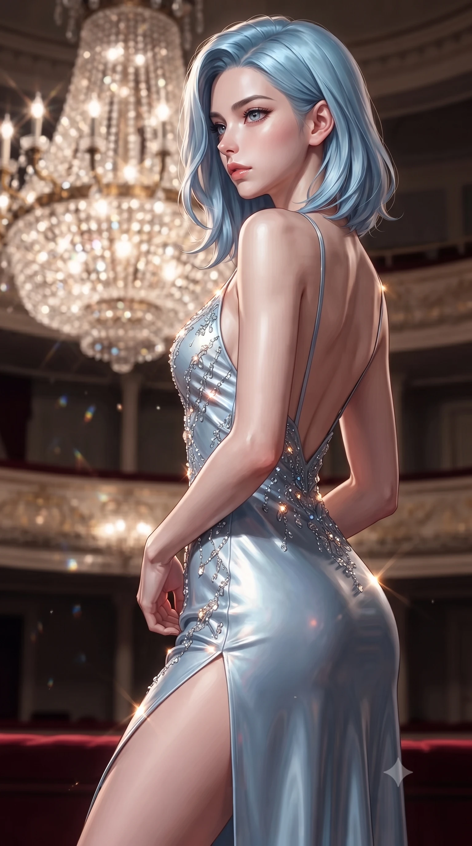 score_9, masterpiece, best quality, ultra-detailed, high-budget anime keyframe, editorial fashion photography, tasteful artistic composition, Korean woman. close-up cowboy shot from the waist and thighs up, the character dominates the composition, filling the frame with her large presence, background elements kept in soft focus. turning her face in sharp profile, casting a cold, mysterious, yet intensely alluring side gaze, the background shows a soft-focus an opera box balcony facing a massive crystal chandelier in soft focus. She has an exceptionally elegant, slender, and willowy female figure with an ultra-slim waist, a gracefully sculpted slender torso, and a refined silhouette. sharp v-shaped jawline, high-bridge nose, intricate jewel-like eyes with depth, thick eyelashes, glossy lips with a natural sheen. wearing a tailored lightweight silk slip dress in baby blue with a high side slit and a low-cut back. dazzling light reflections from the crystal beads, wrapping her in a warm glow. ultra-reflective glossy finish, specular highlights, metallic sheen, high-contrast stereoscopic depth, volumetric dynamic lighting, 2k, ultra detail, master piece, 9:16 ratio